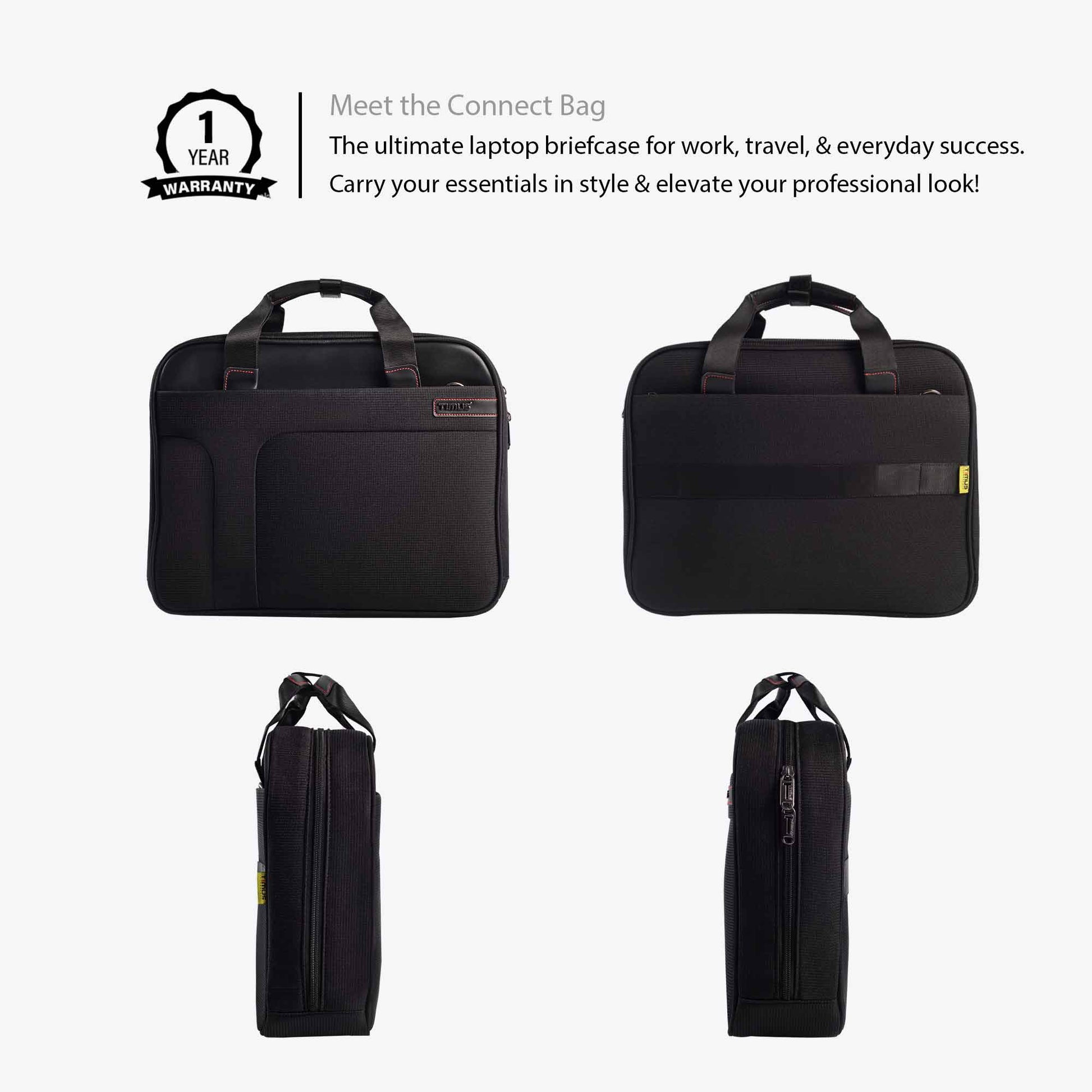 Composite image showing front, back, left, and right side views of the black Timus Connect laptop carry-on bag, dual handles, front and back pockets, trolley strap, and yellow Timus logo tag. Includes a 1-year warranty badge and promotional tagline for work, travel, and everyday use.