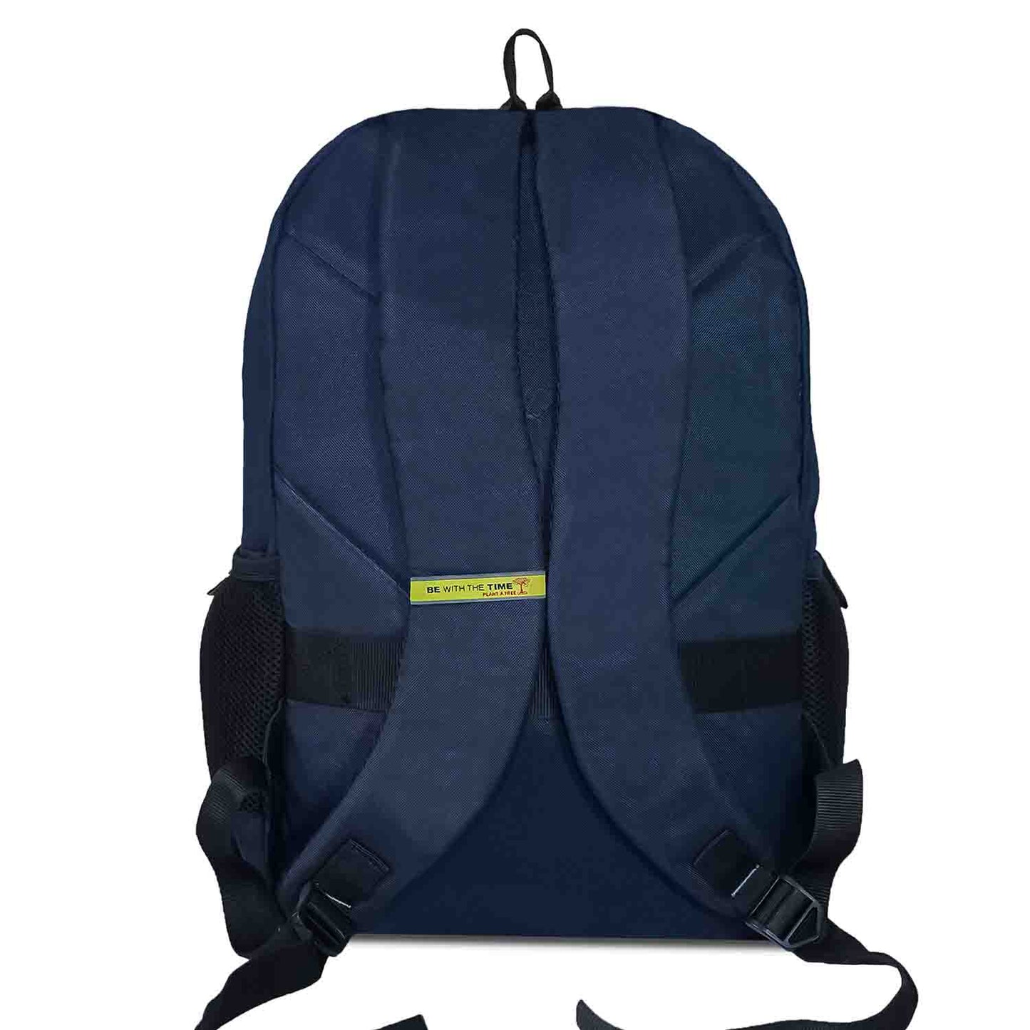 Back view of Timus Chile beige and navy blue casual backpack showing padded shoulder straps with black adjustable buckles, yellow “BE WITH THE TIME” Timus brand tagline label, and top handle.