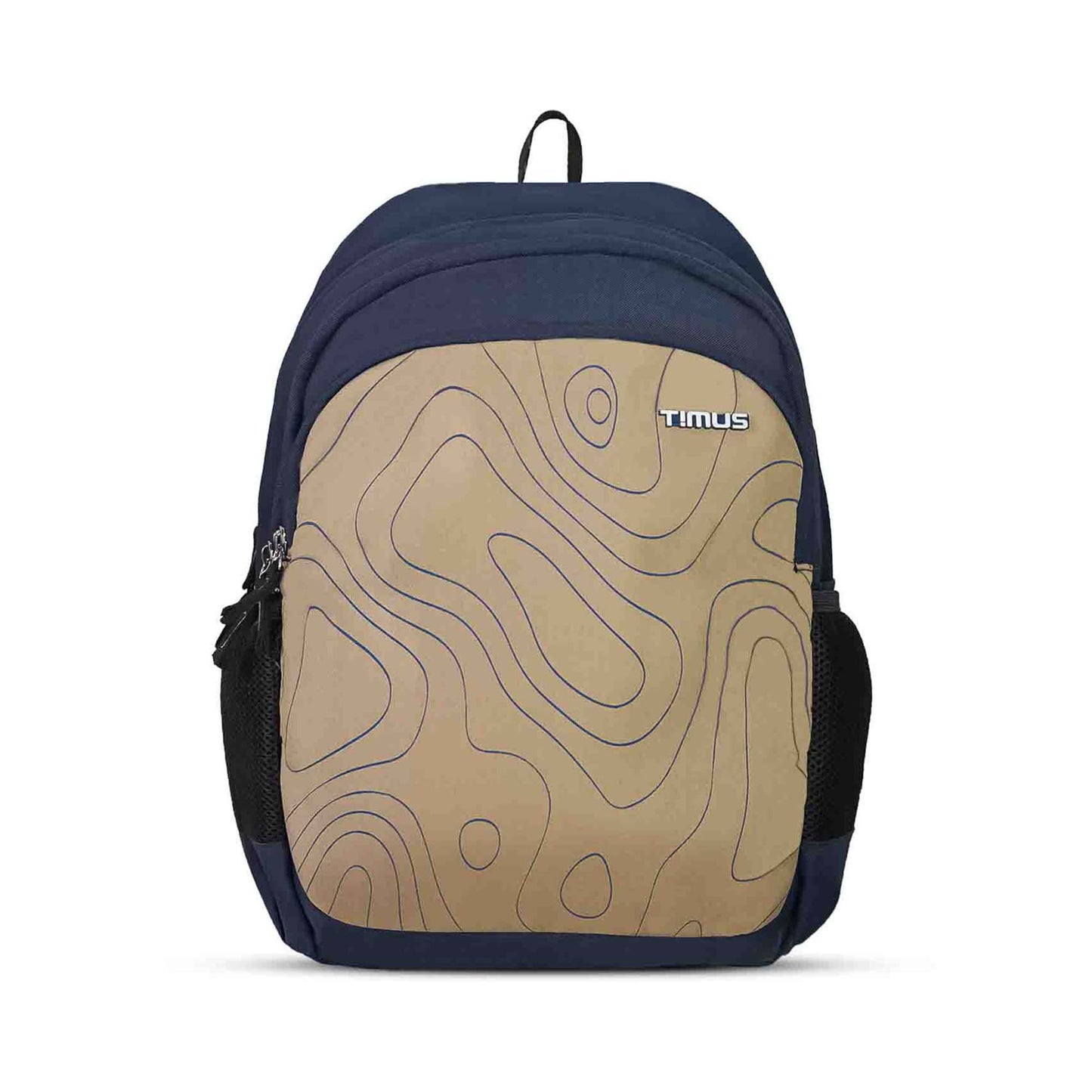 Front view of Timus Chile beige and navy blue casual backpack featuring a topographic pattern on the front pocket, Timus logo on the upper right and black mesh side pockets.