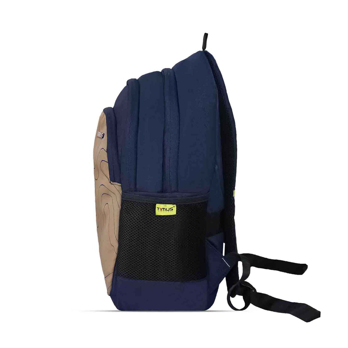 Left side view of Timus Chile beige and navy blue casual backpack showing black mesh side pocket with yellow Timus tag, navy fabric, and adjustable strap hanging down from shoulder straps.