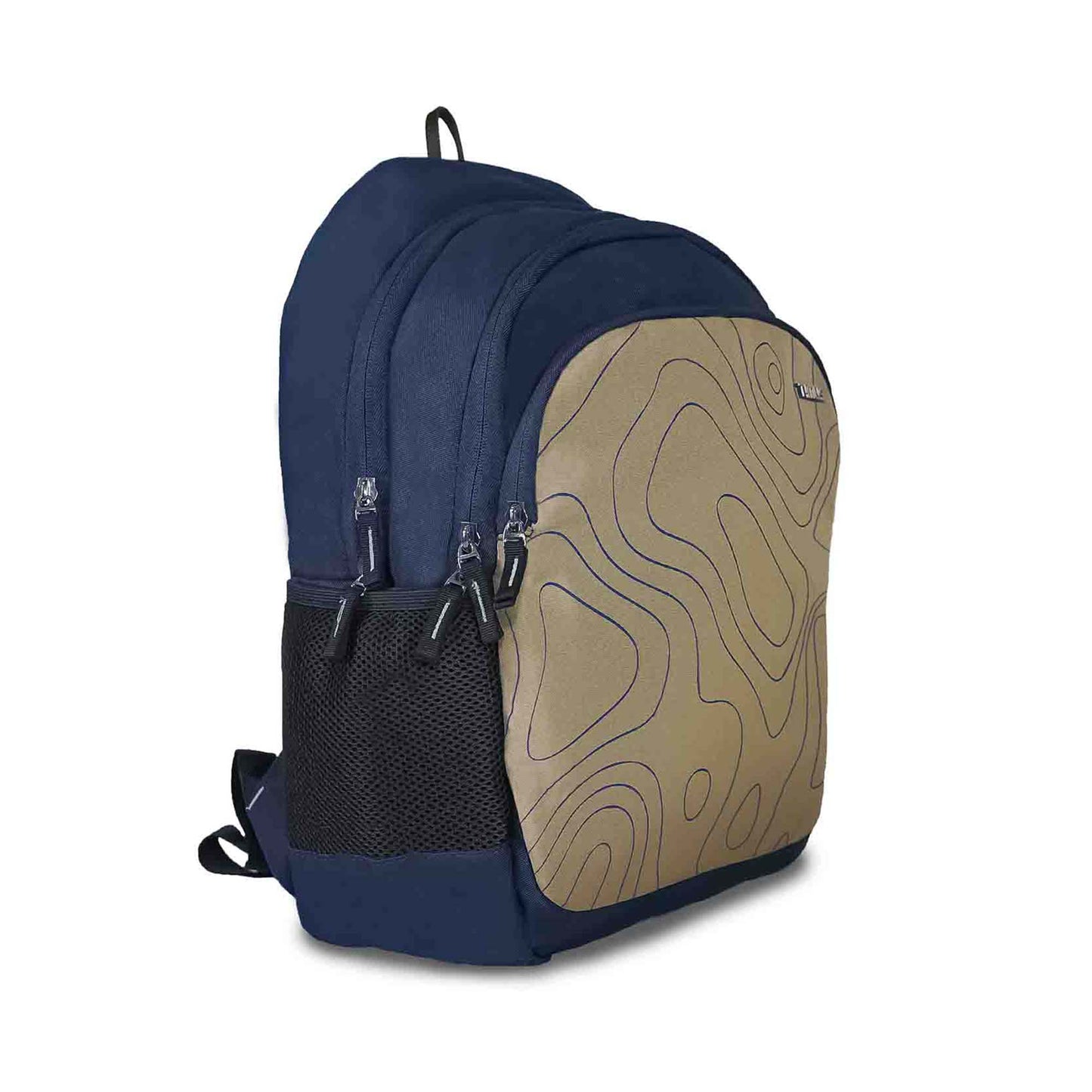 Timus Chile beige and navy blue casual backpack with topographic pattern on front pocket, right front angled view showing multiplel zippered compartments, black mesh side pocket and top handle.