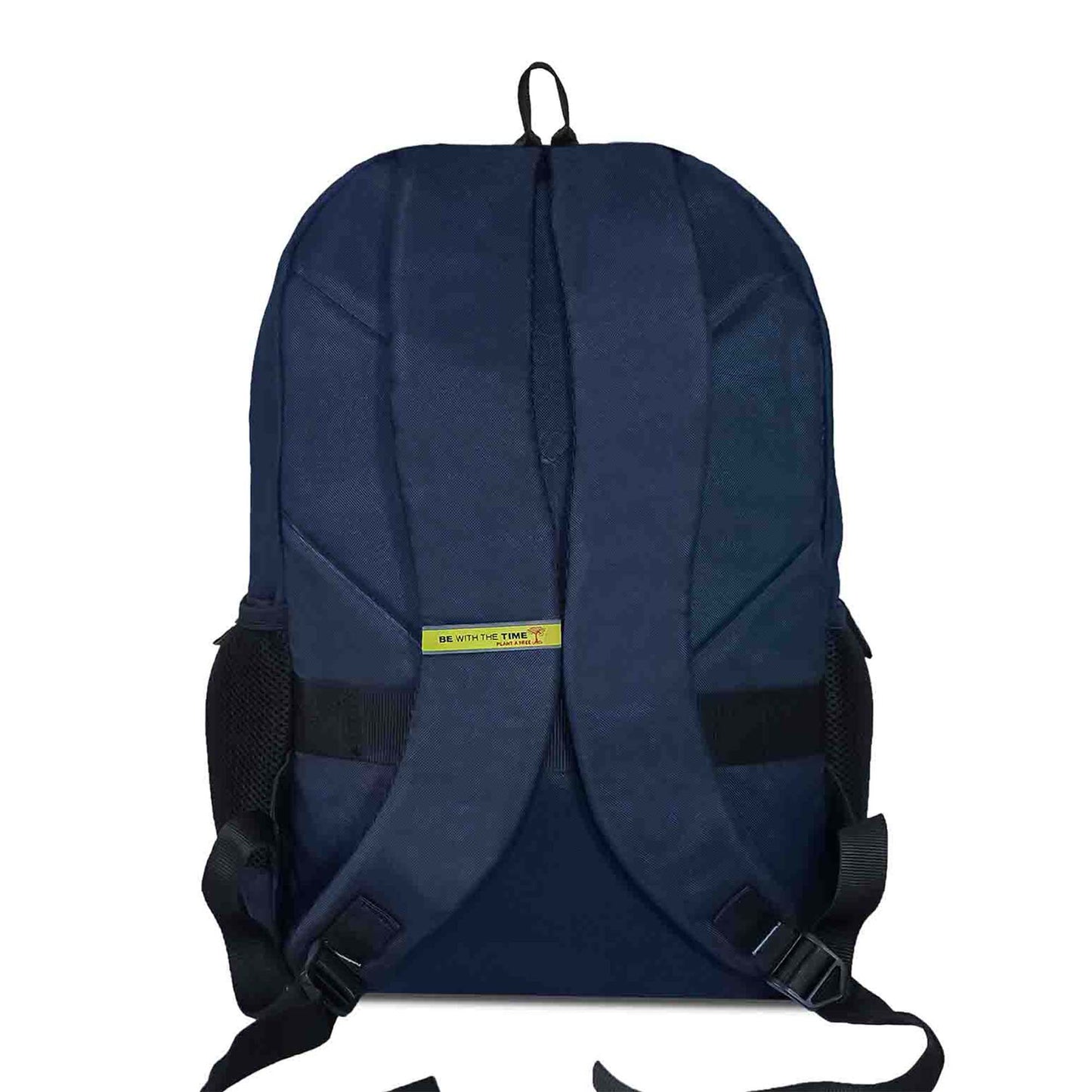 Back view of Timus Chile backpack in navy blue featuring padded shoulder straps with brand tag reading 'Be With The Time', black mesh pockets on both sides.