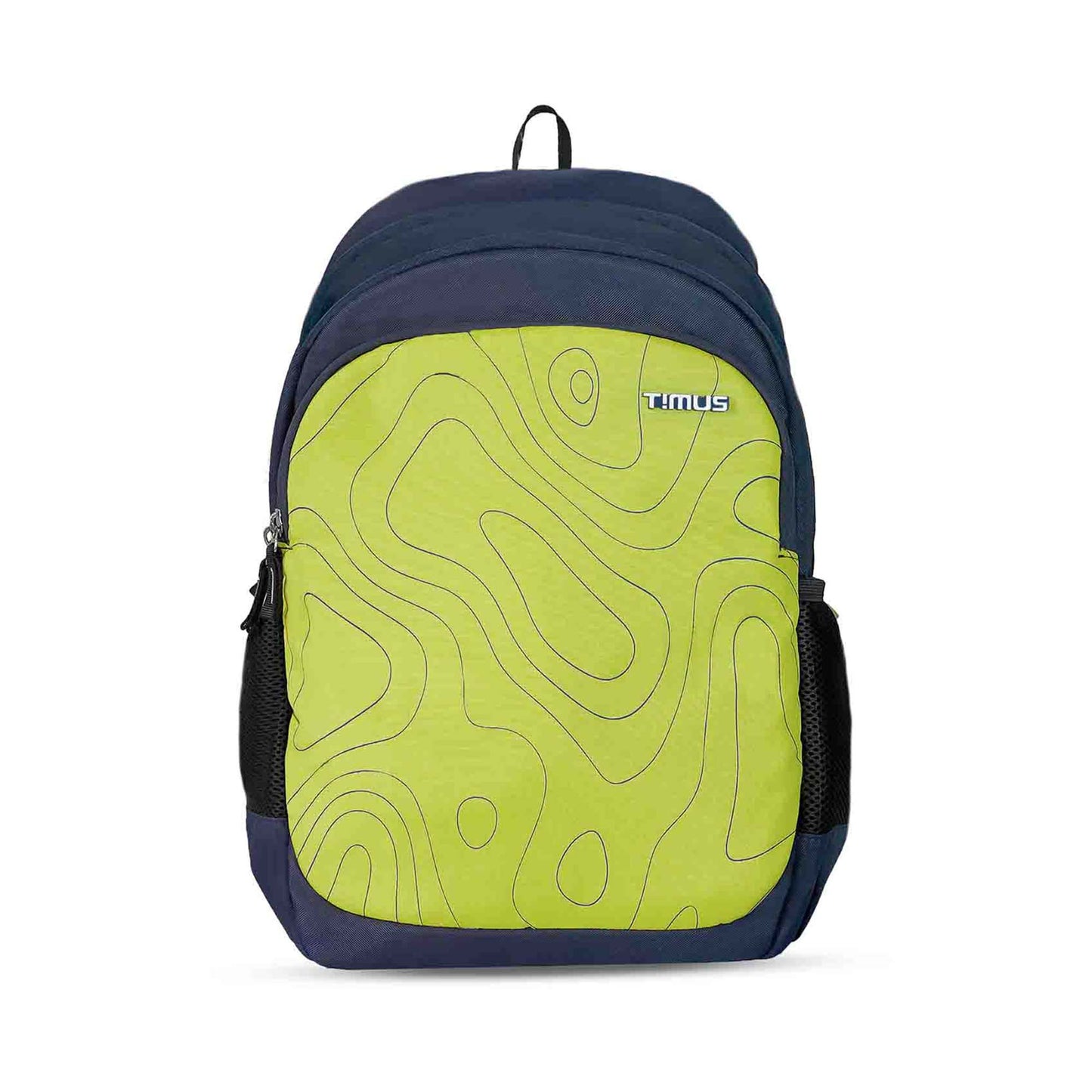 Front view of Timus Chile green casual backpack with abstract front panel design, navy blue body, black mesh side pockets, and Timus logo at the top right.