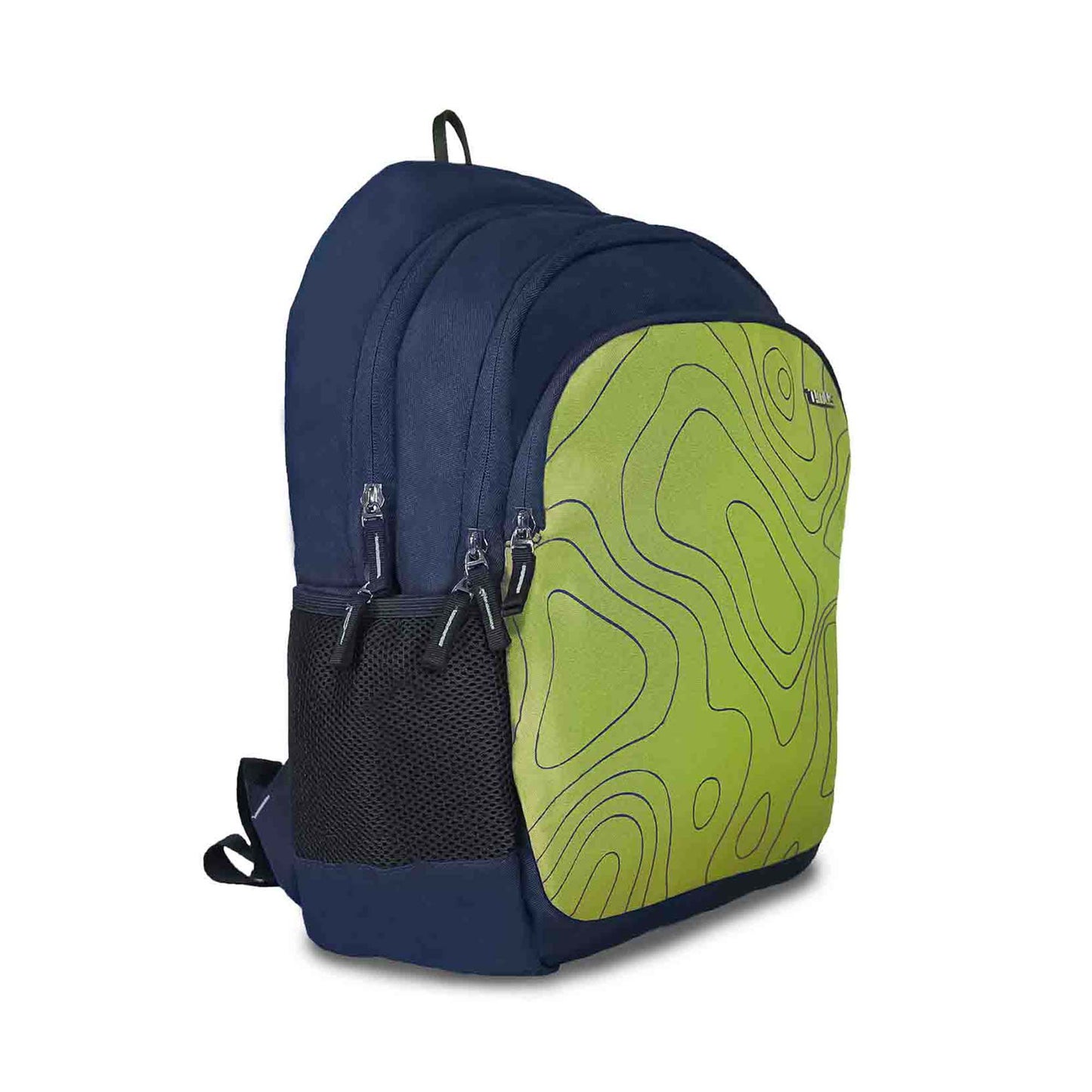 Right front angled view of Timus Chile backpack in navy blue with green patterned front pocket, three zippered compartments, black mesh side pocket, and top handle.