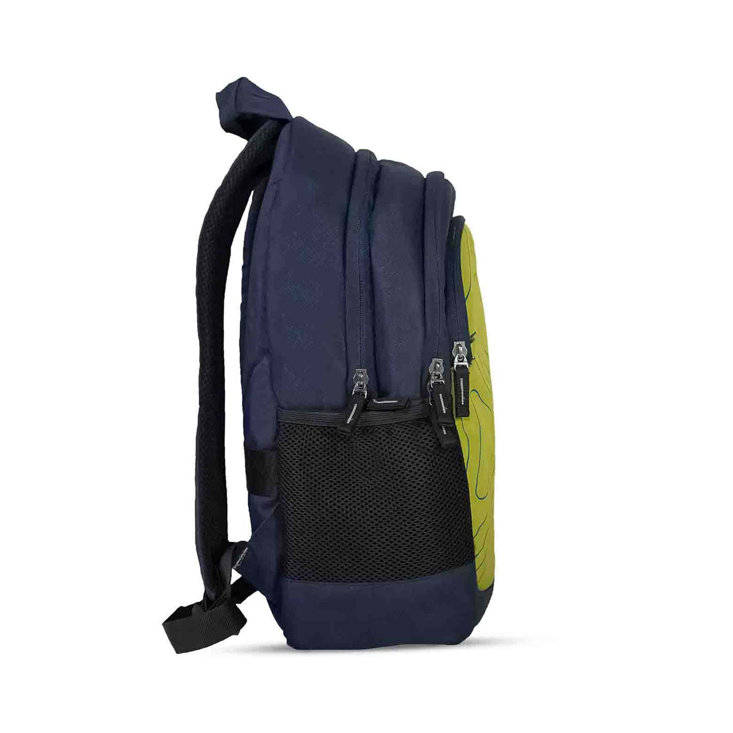 Right side view of Timus Chile green casual backpack with navy blue body, black mesh side pocket, double zippers, and padded shoulder strap partially visible.