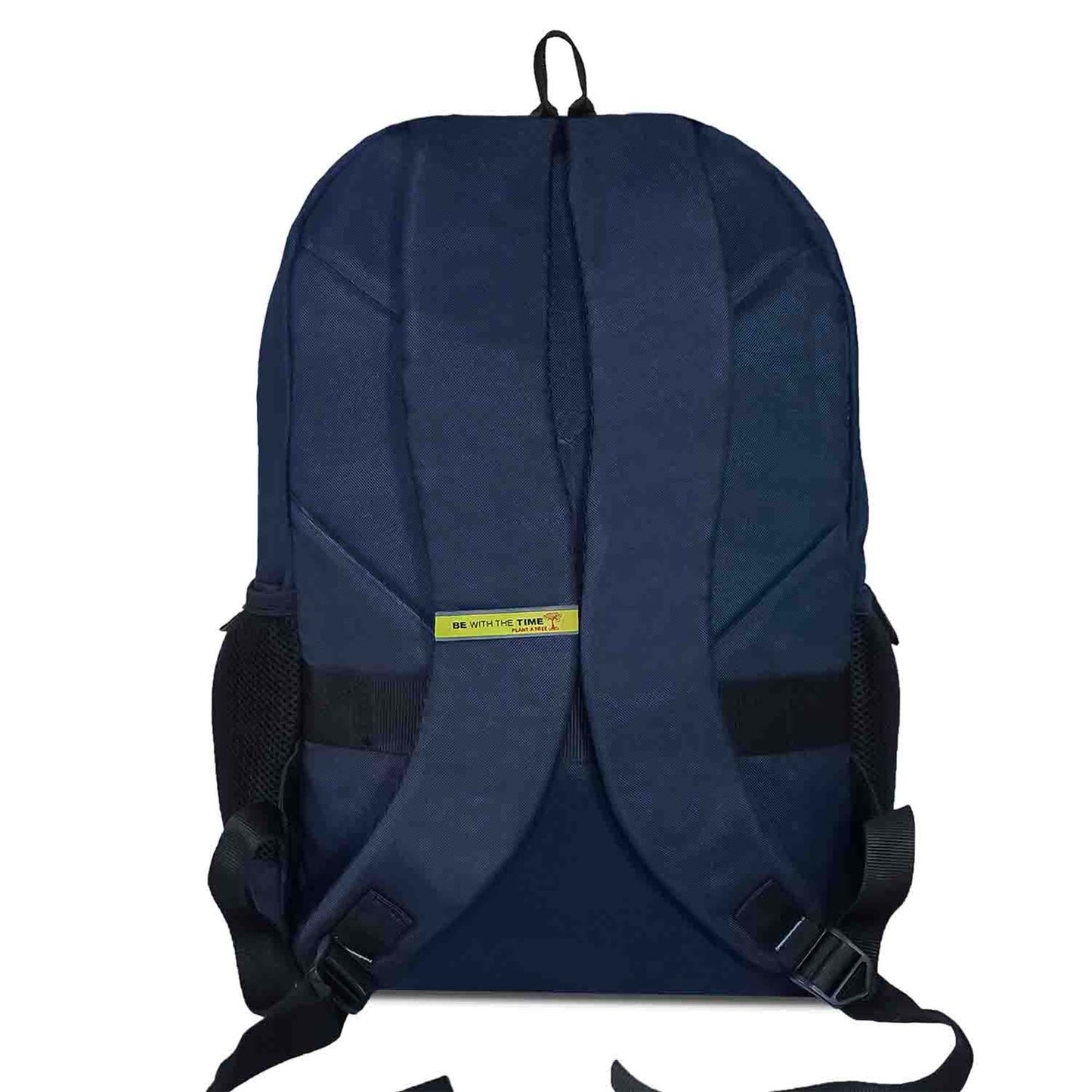 Back view of Timus Chile casual backpack in navy blue with padded shoulder straps and visible 'Be With The Time' brand tagline on lime green tag, includes top grab handle and side mesh pockets.