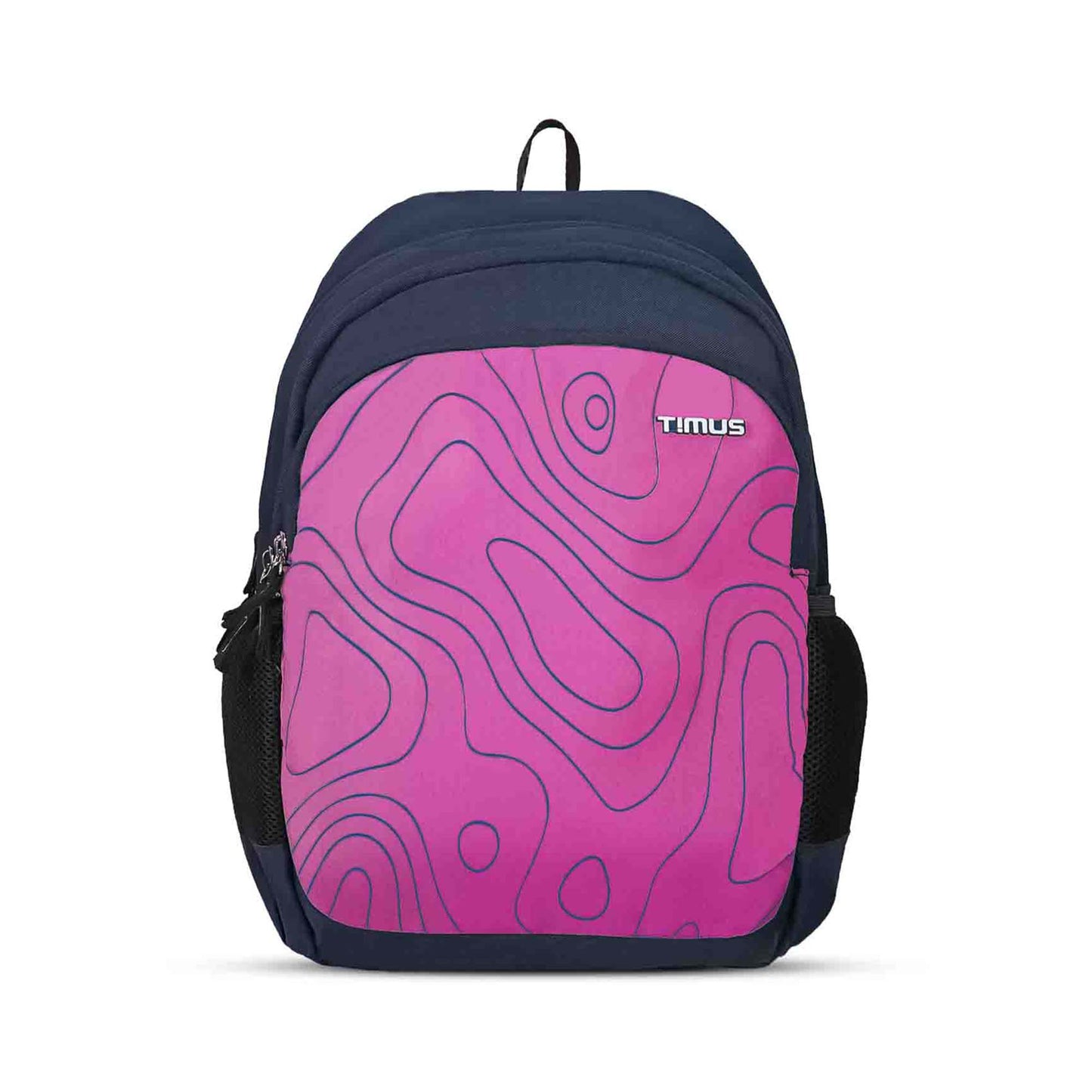 Front view of Timus Chile pink and navy blue backpack with topographic pattern, visible Timus logo, grab handle on top, and mesh side pockets, casual style.