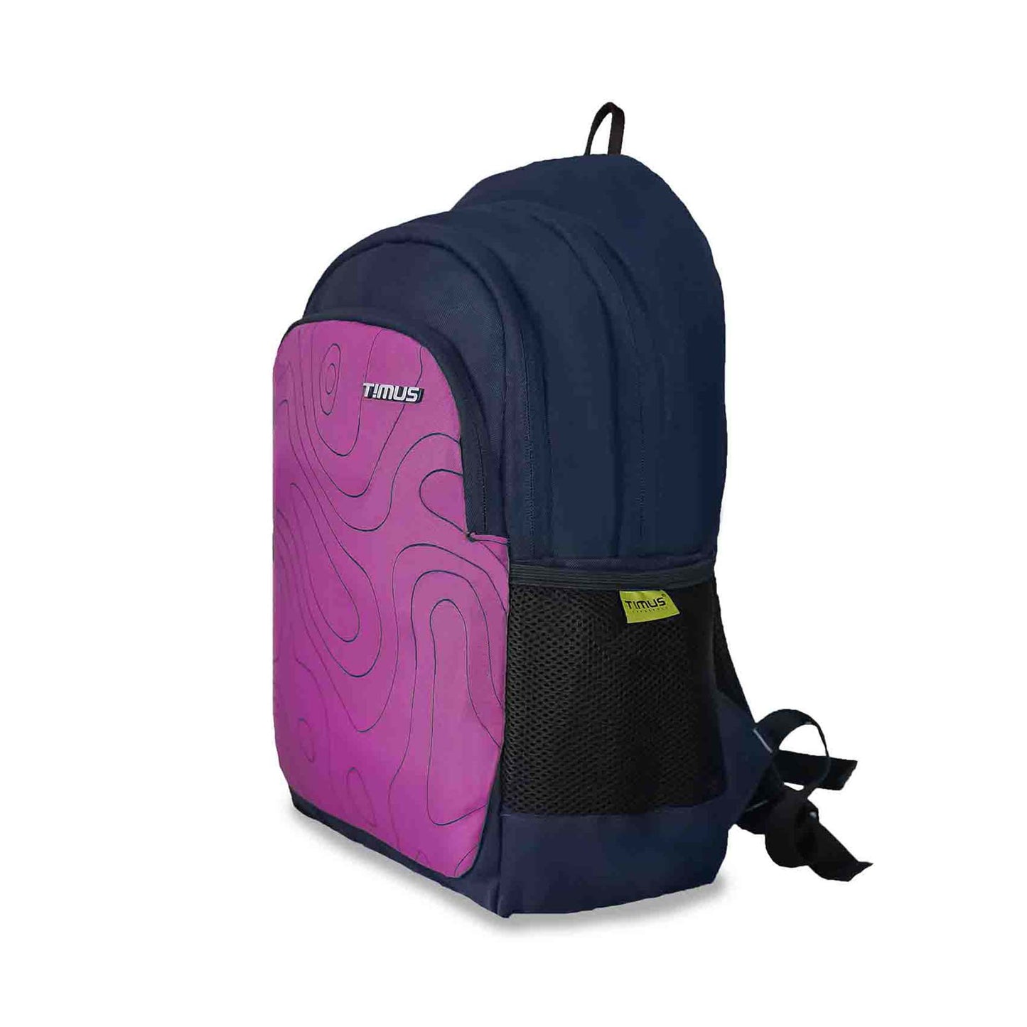 Left front angled view of Timus Chile pink and navy blue backpack with topographic pattern, visible Timus logo on front, casual style backpack with side mesh pocket featuring Timus brand tag and grab handle on top.