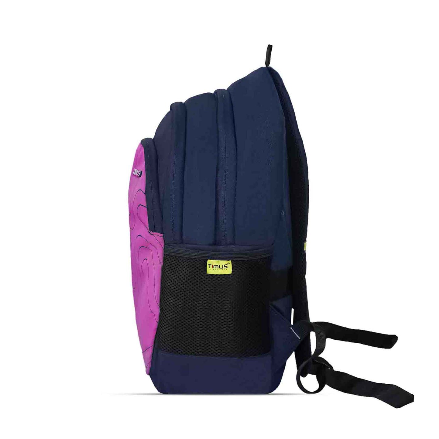 Left side view of Timus Chile pink casual backpack showing navy blue body, pink front panel with abstract pattern, black mesh side pocket, and lime green Timus brand tag.