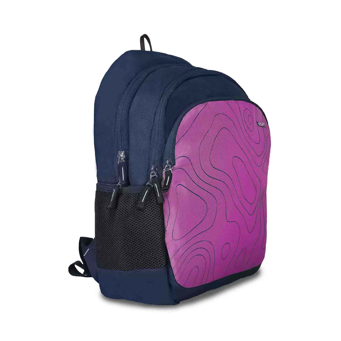 Right front angled view of Timus Chile pink and navy blue backpack with topographic pattern, casual style backpack featuring multiple compartments with closed zippers, side mesh pocket and grab handle on top.