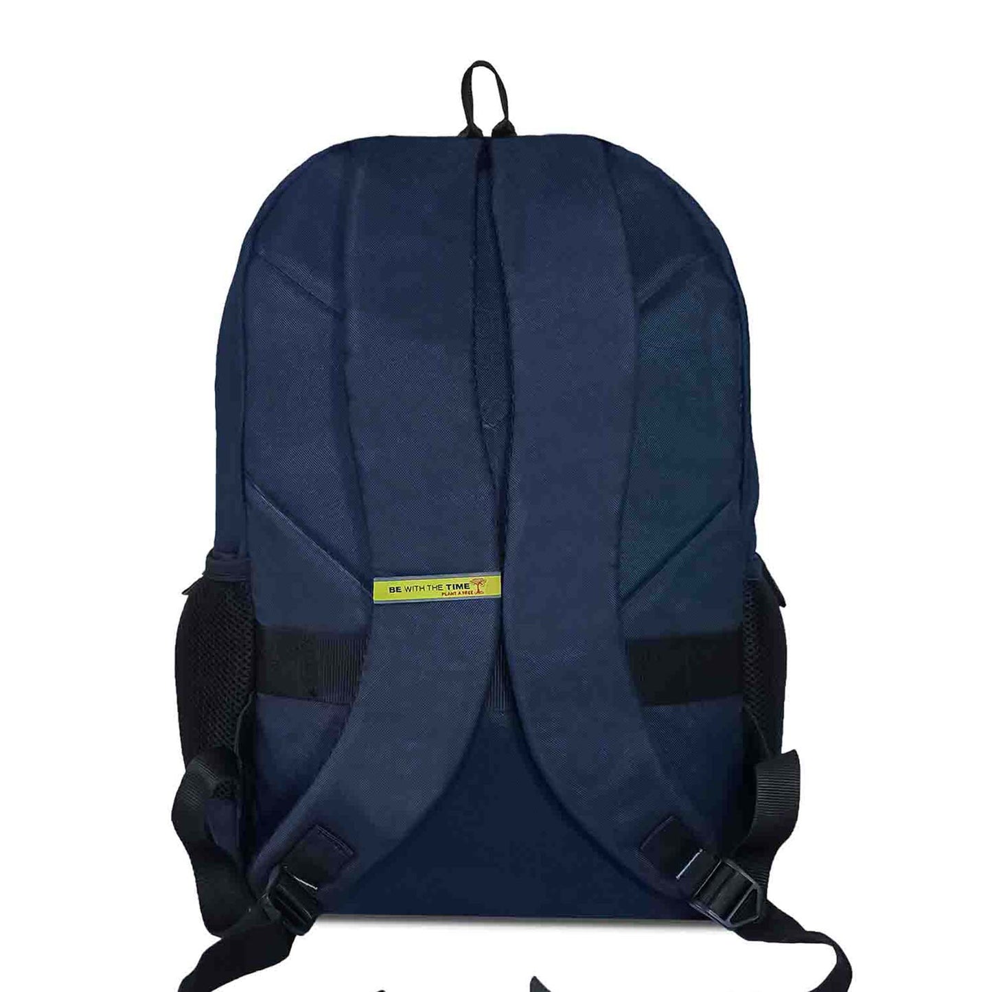 Backside view of Timus Chile yellow and navy blue backpack showing padded shoulder straps with green tag reading 'BE WITH THE TIME', adjustable buckles, grab handle on top, and mesh side pockets, casual style.