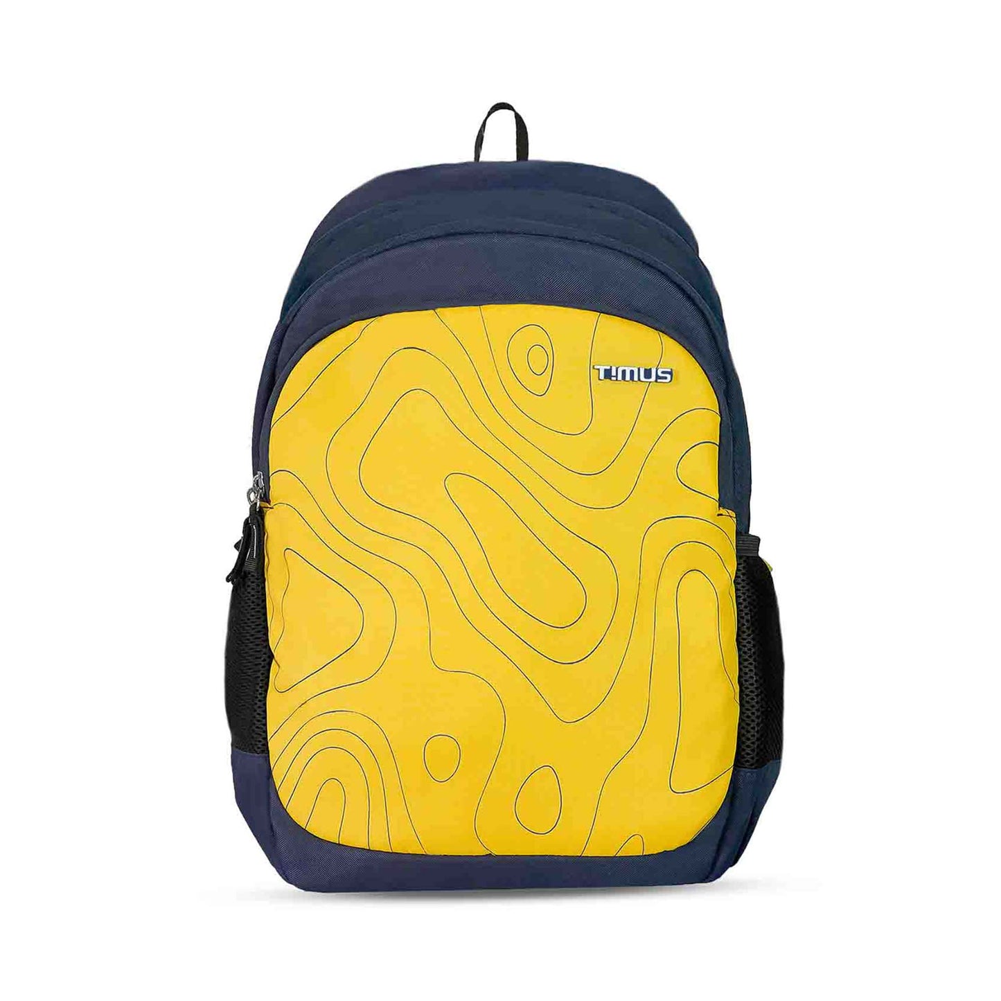 Front view of Timus Chile yellow and navy blue backpack with topographic pattern, visible Timus logo, casual style backpack with side mesh pockets and grab handle on top.