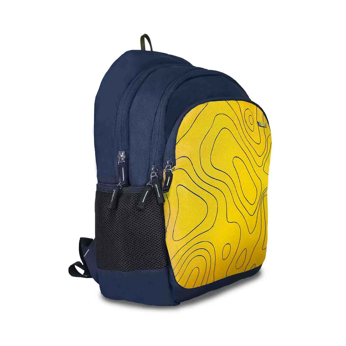 Right front angled view of Timus Chile yellow and navy blue backpack with topographic pattern, casual style backpack featuring multiple compartments with closed zippers, side mesh pocket, and grab handle on top.
