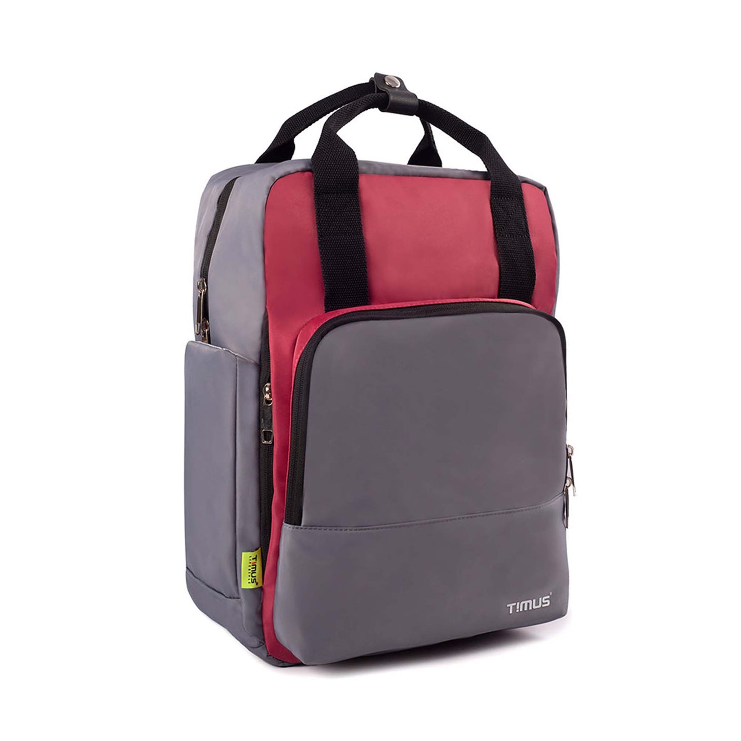 Angled right side front view of Timus Las Vegas urban backpack in grey, highlighting the front pocket, side pocket, and top handle with Timus logo at bottom.