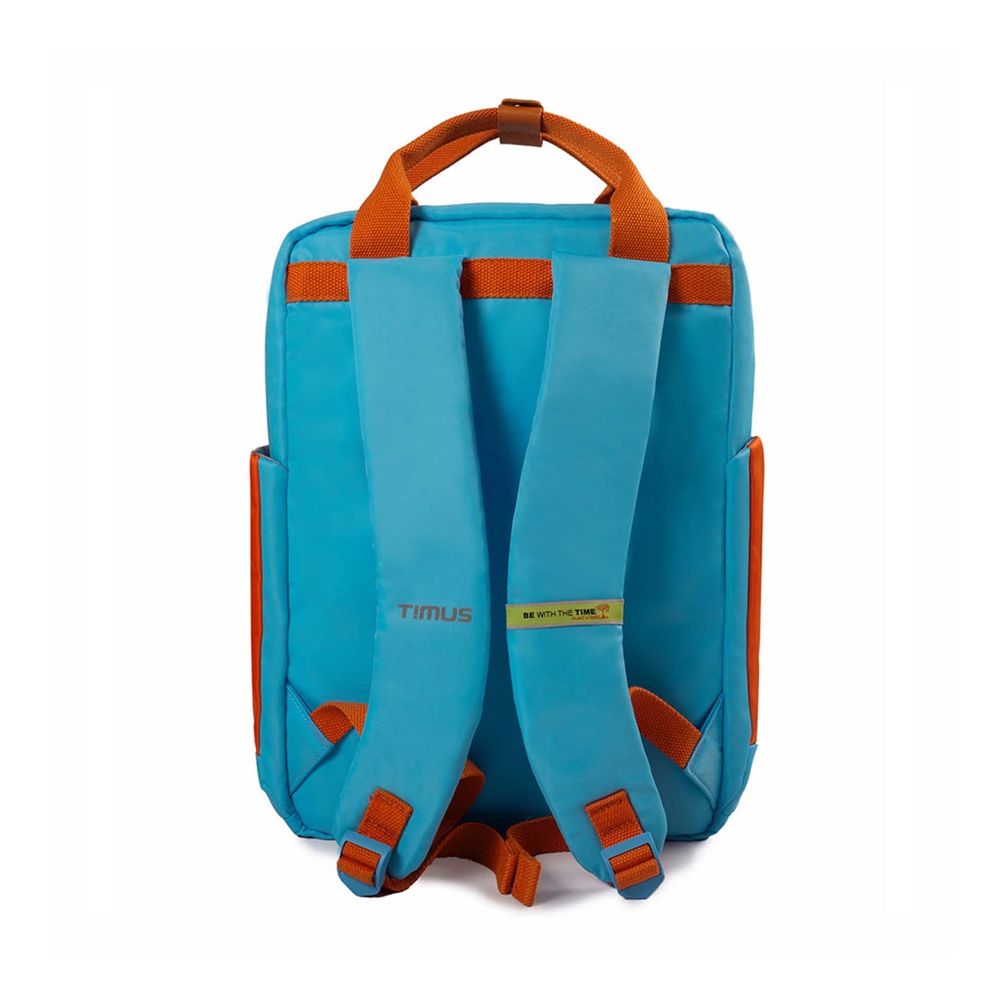 Back view of Timus Las Vegas urban backpack in blue and orange showing padded shoulder straps, top handles, side pockets, and branding on the straps.