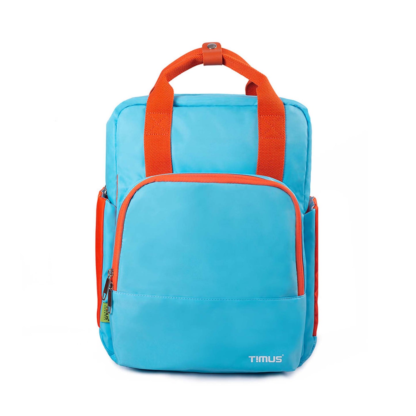 Front view of Timus Las Vegas urban backpack in blue and orange, featuring contrast top handles, front zippered pocket, visible side pockets, and Timus logo on the lower front.