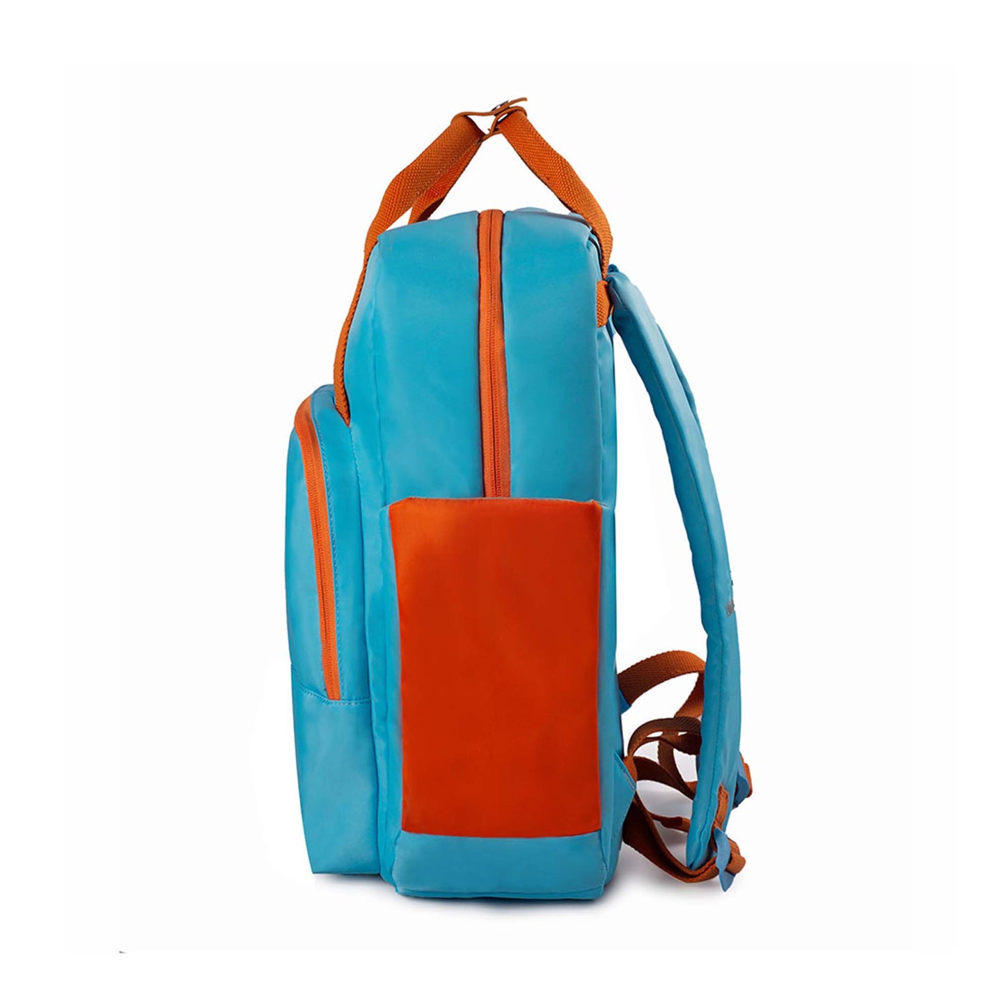 Left side view of Timus Las Vegas urban backpack in blue and orange, showing top handle, side pocket, partially visible shoulder straps, and dual zippered compartments.
