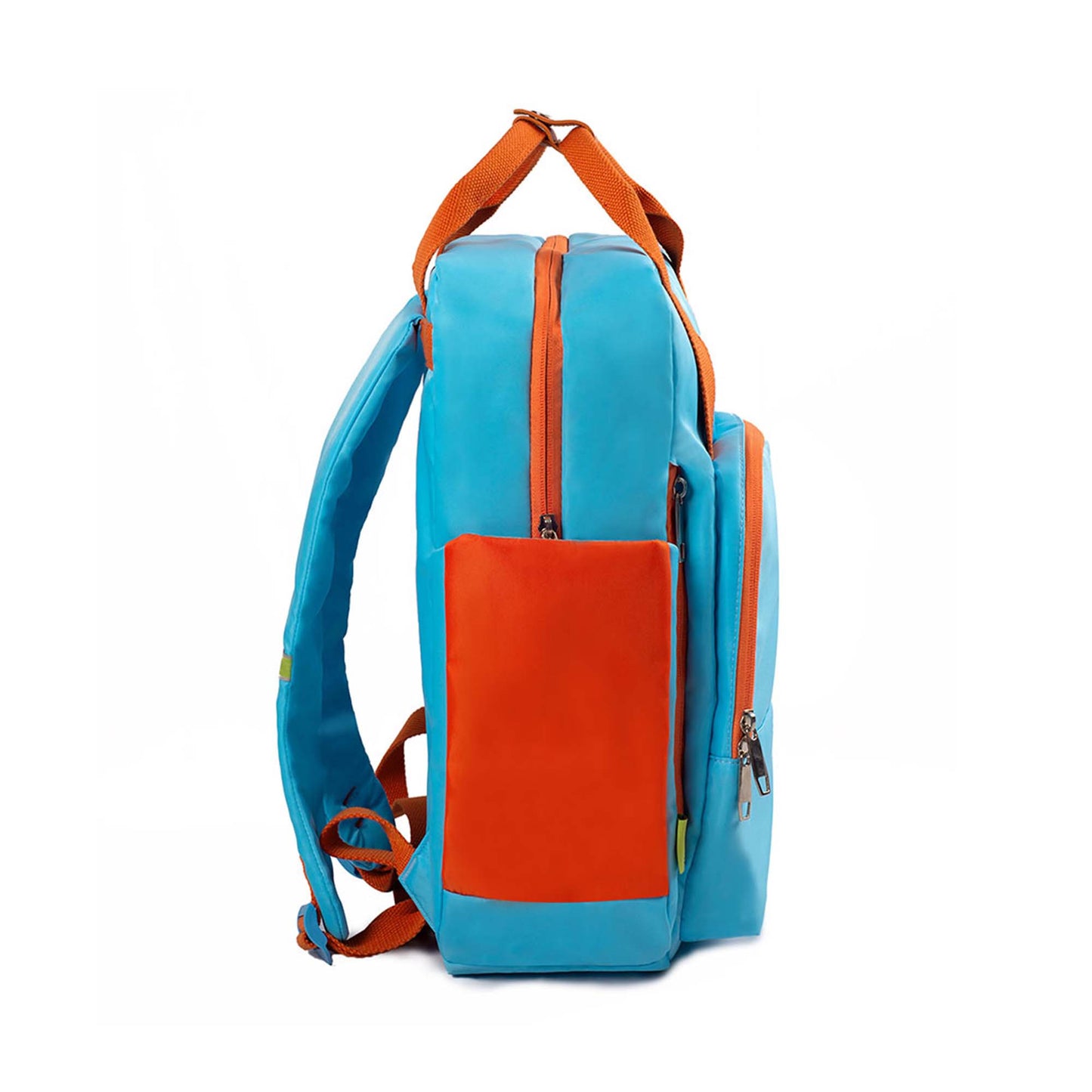 Right side view of Timus Las Vegas urban backpack in blue and orange highlighting the orange side pocket, dual zippered compartments, top handles, and partially visible shoulder straps.