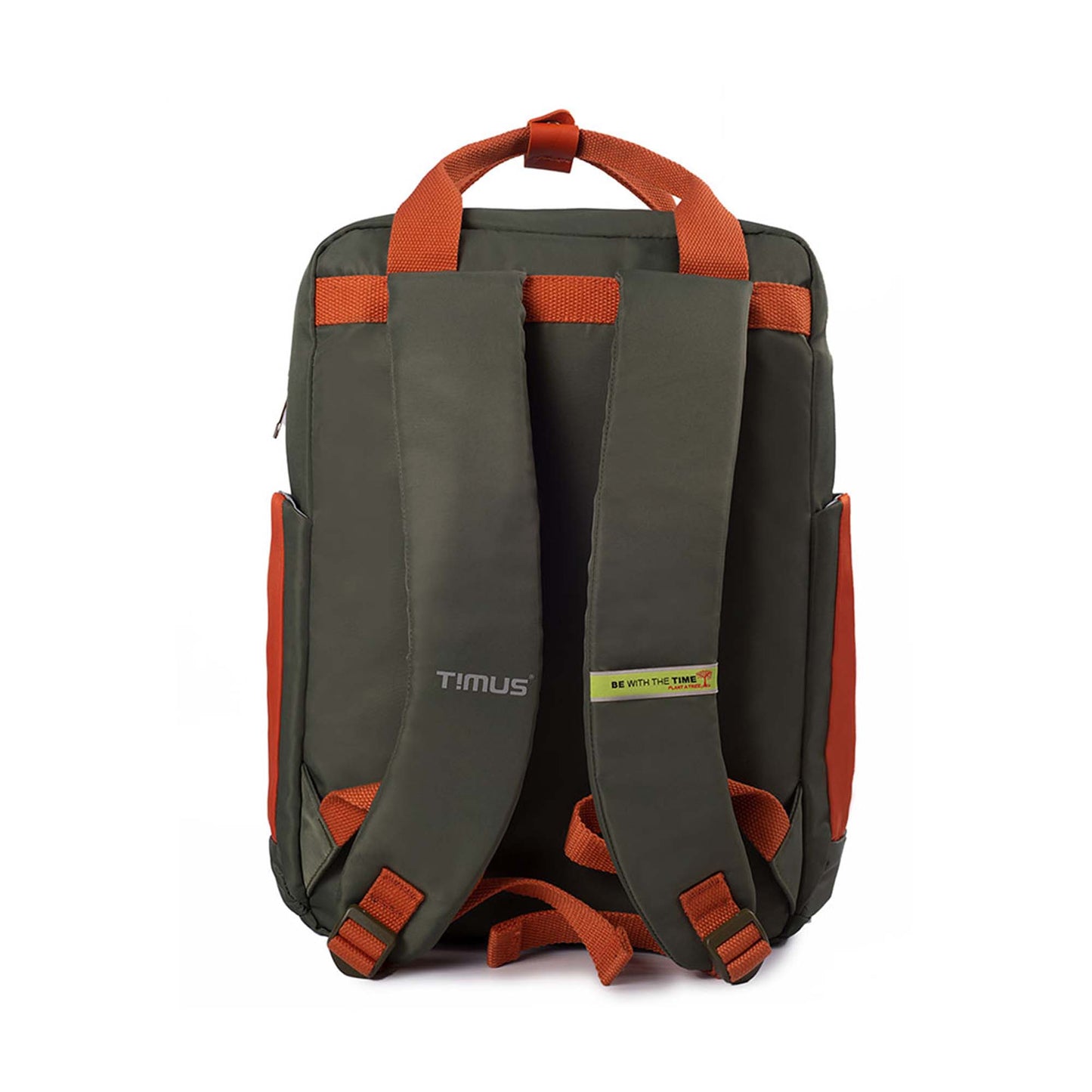 Back view of Timus Las Vegas urban backpack in green and orange featuring padded shoulder straps with “Timus” logo and “Be With The Time” label, dual side pockets, and orange top handle.