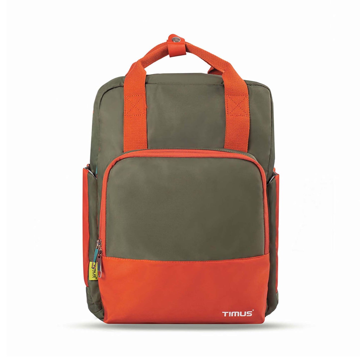 Front view of Timus Las Vegas urban backpack in green and orange showing large zippered front pocket, orange bottom panel, top contrast handle, and Timus brand logo at bottom.