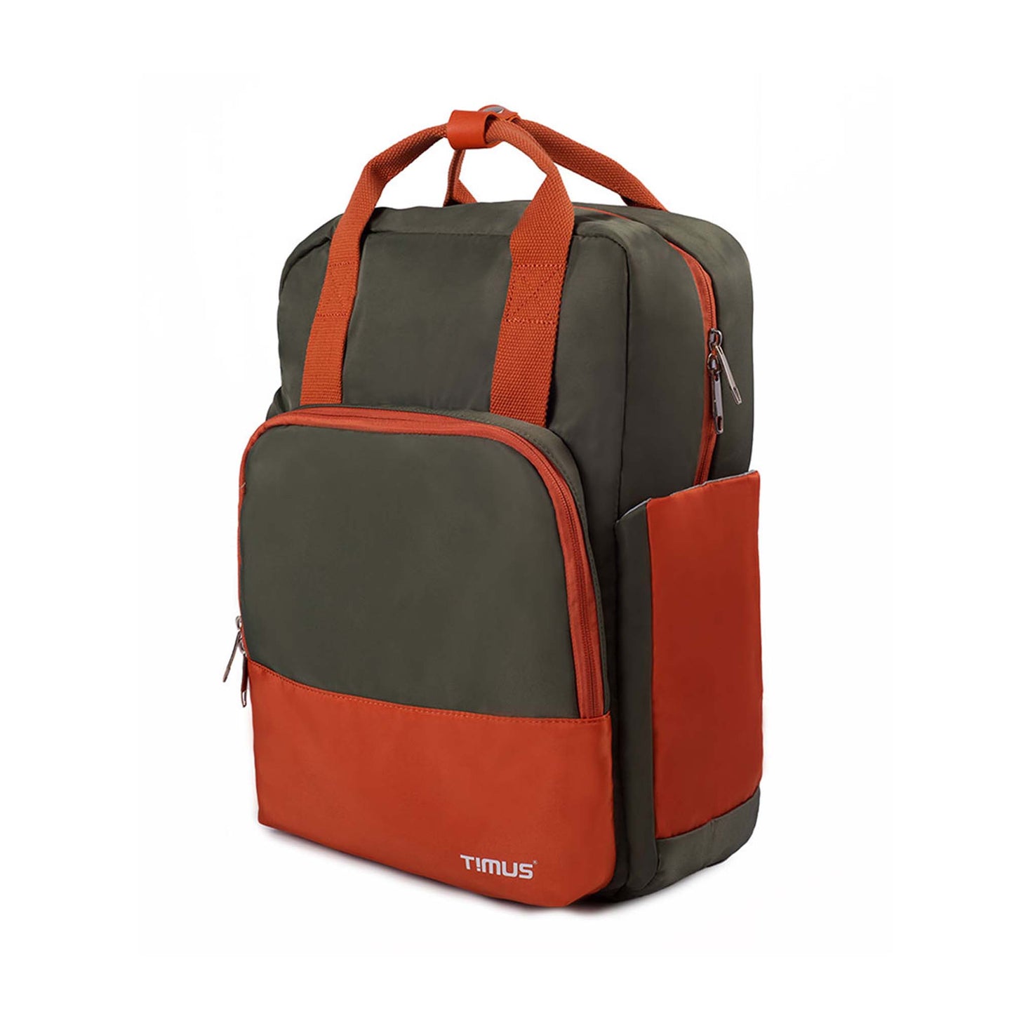 Left front angled view of Timus Las Vegas urban backpack in green and orange showing zippered pockets, orange side pocket, packed top handle, and brand logo.