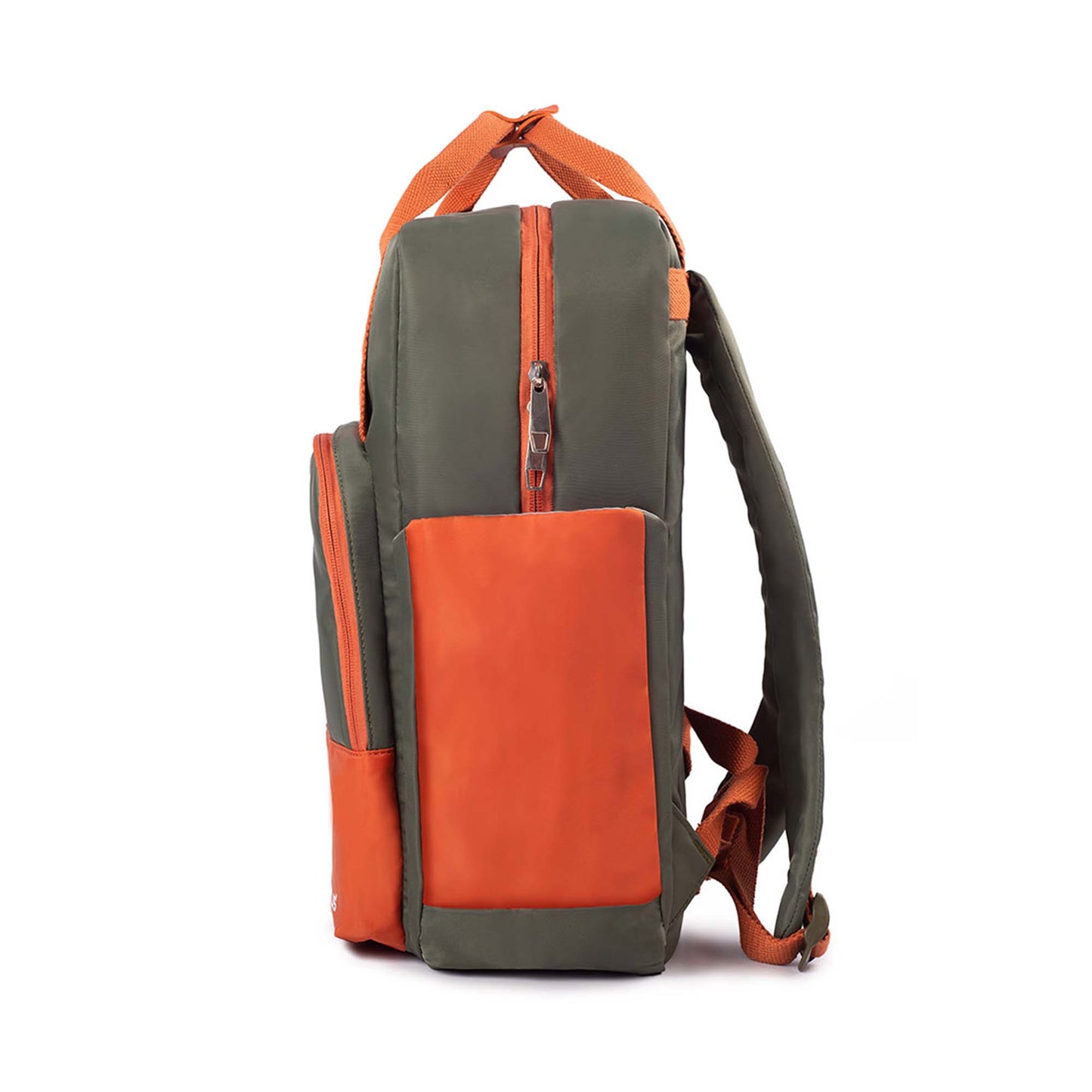 Left side view of Timus Las Vegas urban backpack in green and orange highlighting the side pocket, dual zippered compartments, top handle, and padded shoulder straps.