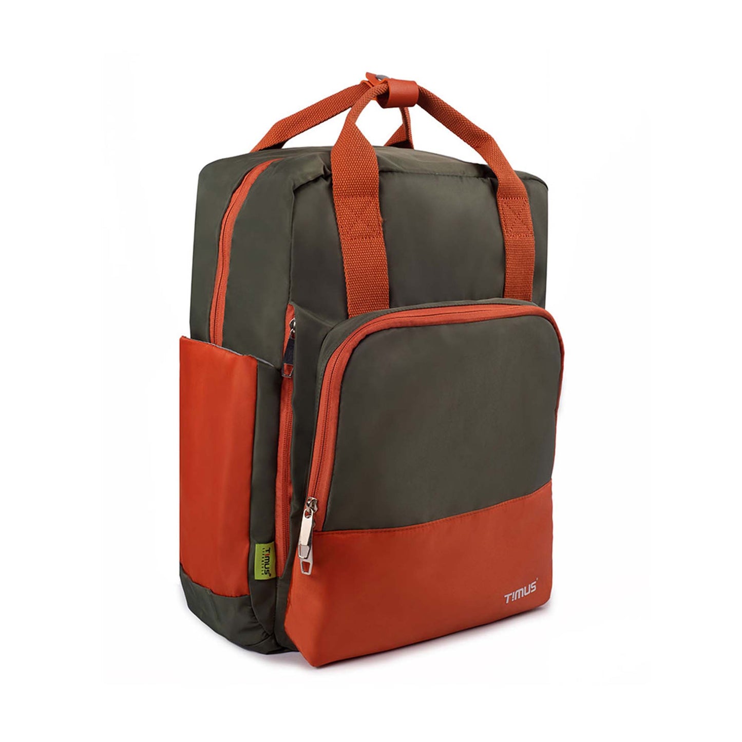 Right front angled view of Timus Las Vegas urban backpack in green and orange featuring the front zippered pocket with visible brand logo, side pocket, top handles, and dual main compartments