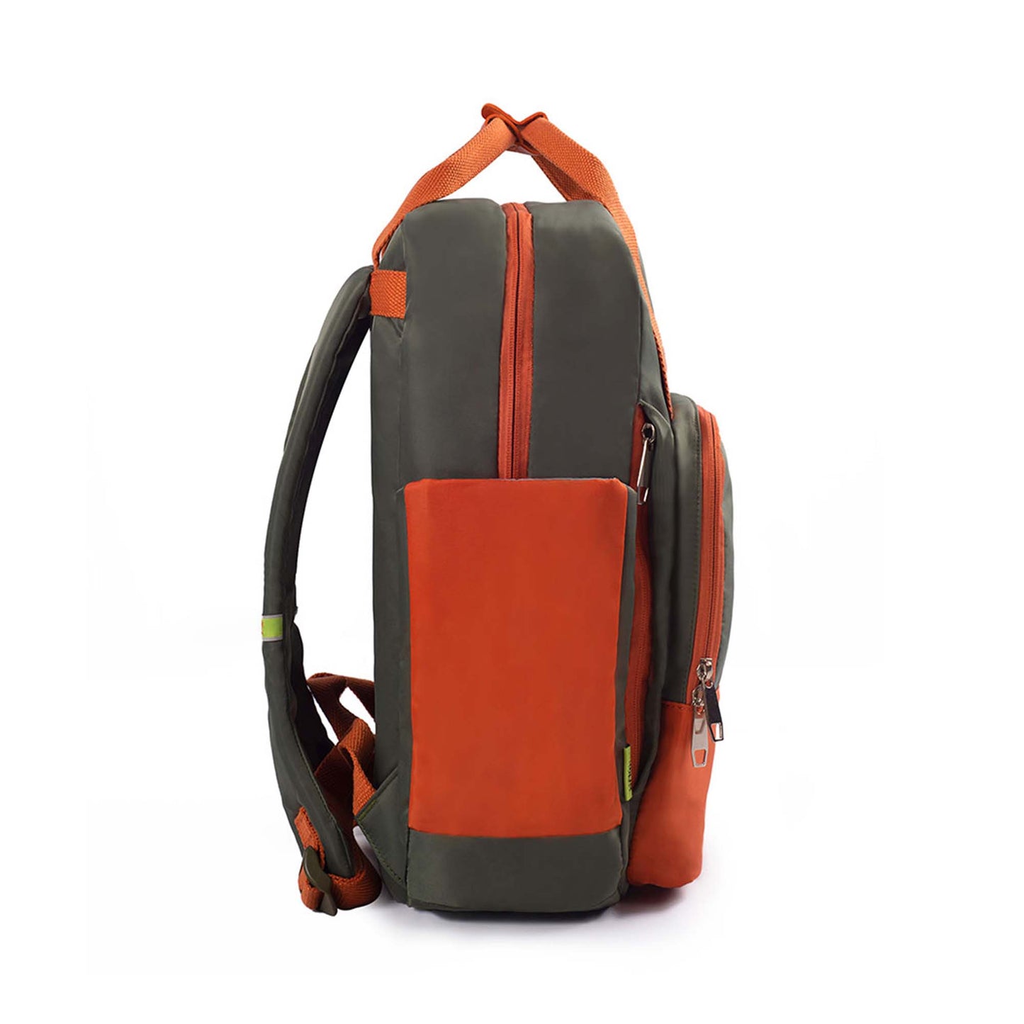 Right side view of Timus Las Vegas urban backpack in green and orange highlighting the orange side pocket, dual zippered compartments and one hidden pocket, top handles, and padded shoulder straps.
