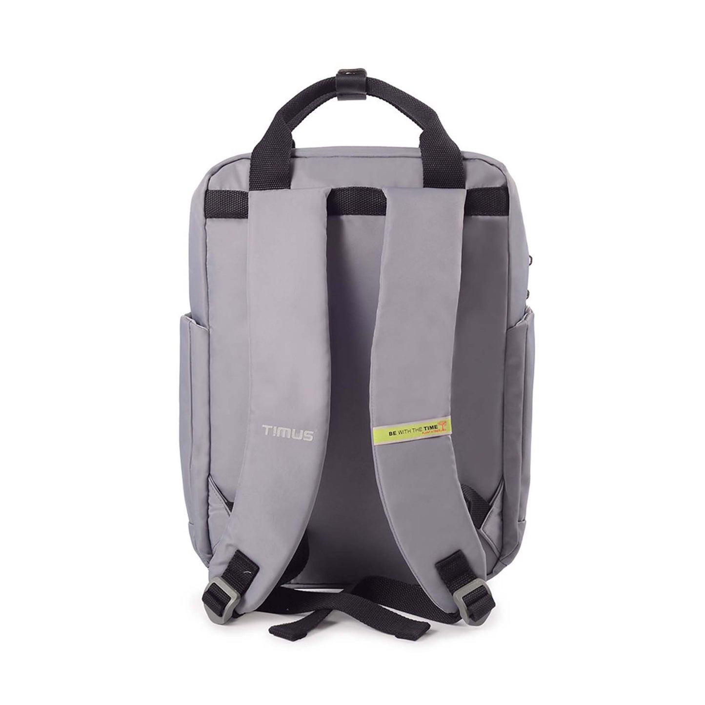 Back view of Timus Las Vegas urban backpack in grey featuring padded shoulder straps with “Timus” logo and “Be With The Time” label, dual side pockets, and black top handle.