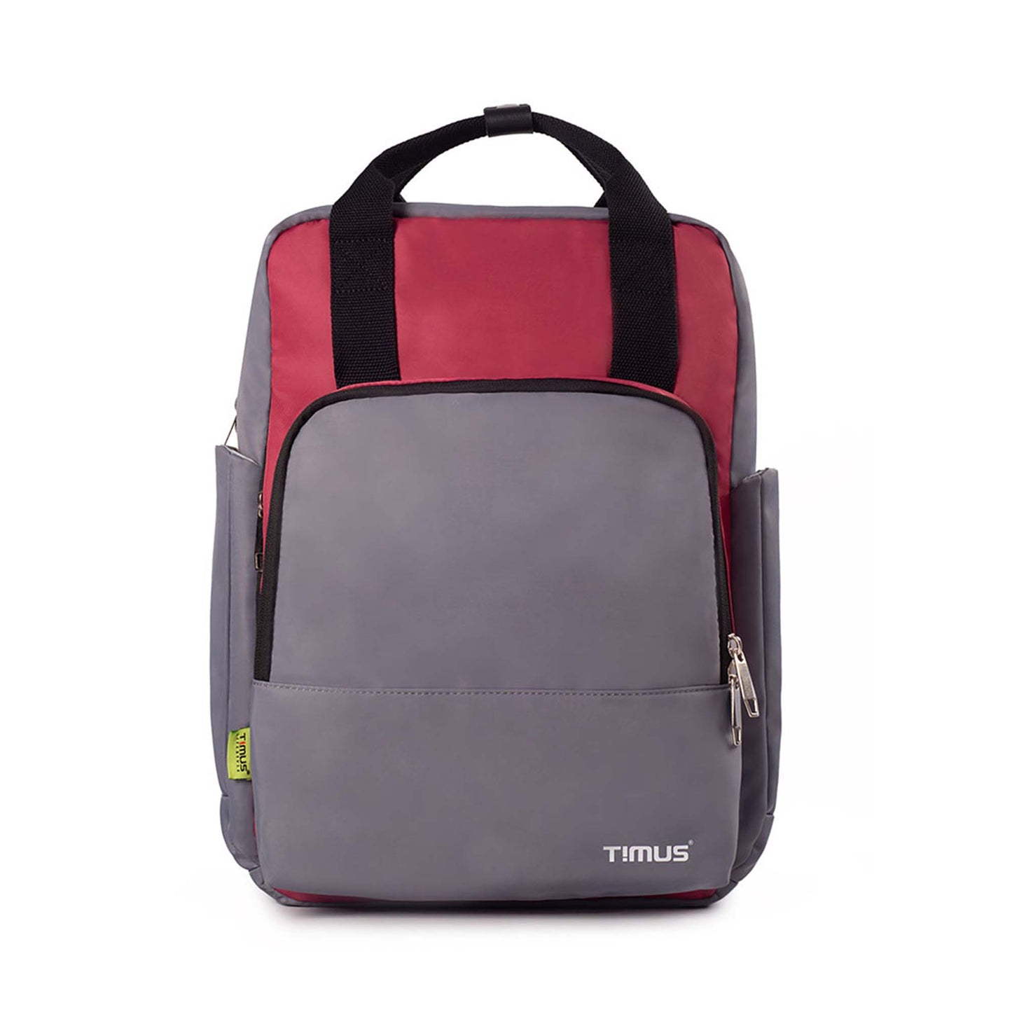 Front view of Timus Las Vegas urban backpack in grey, showing the front zippered compartment, dual-color design with timus brand logo, black handles, and side pockets.