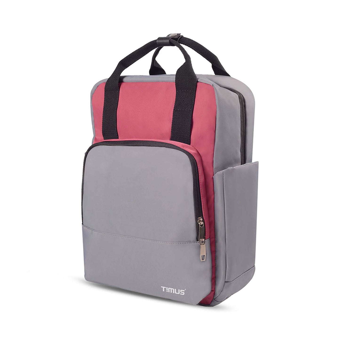 Left front angled view of Timus Las Vegas urban backpack in grey, highlighting the front zippered compartment, black top handles, side pocket, and visible dual-tone color design.
