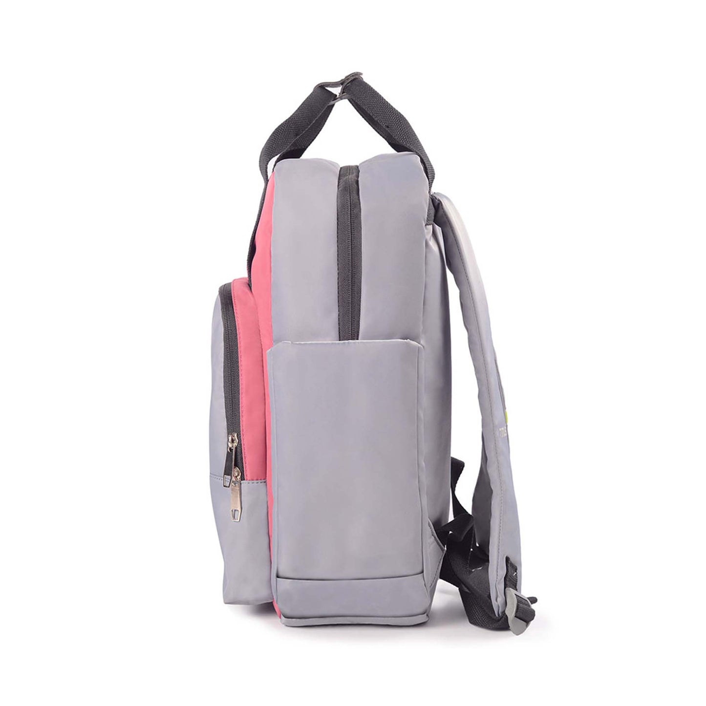 Left side view of Timus Las Vegas urban backpack in grey, displaying the side pocket, zipper closure and shoulder straps.