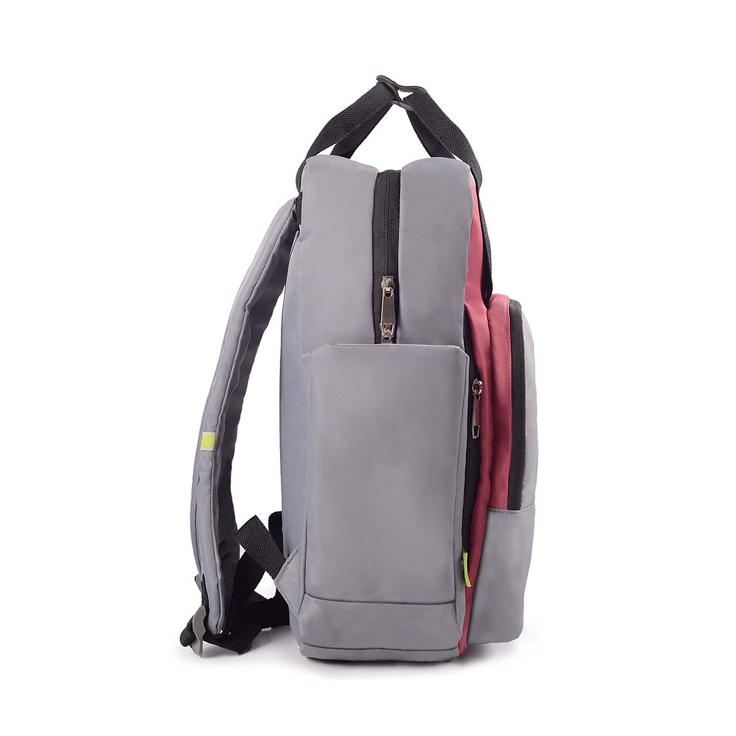 Right side view of Timus Las Vegas urban backpack in grey, showcasing the side pocket, zippers, padded shoulder straps and top black handle.