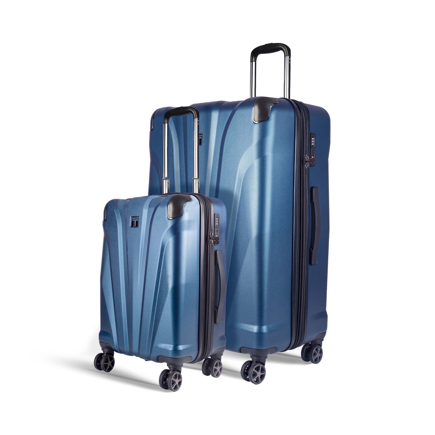 Timus Leolite blue hard shell luggage set with 58cm cabin-size trolley and 78cm large check-in luggage, featuring aluminium push-button handles and 8 spinner wheels with 360° rotation