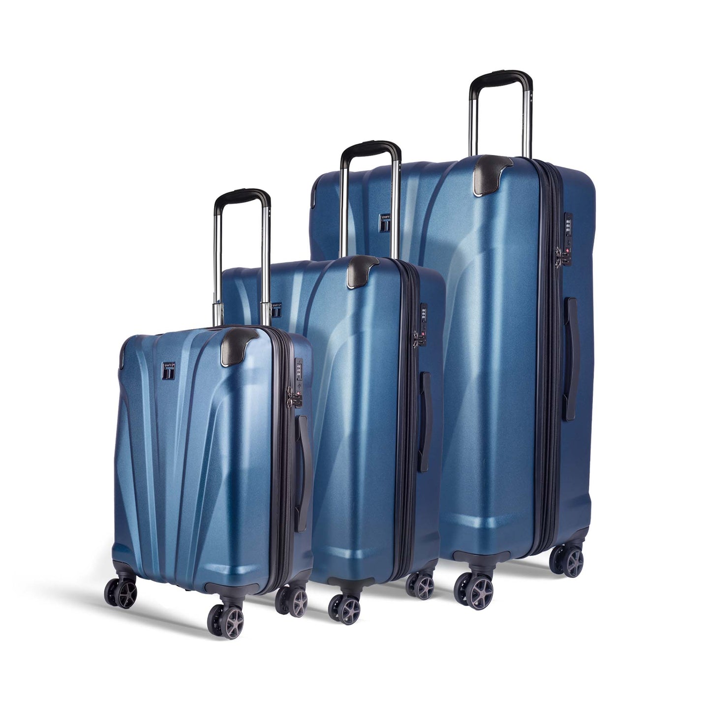 Timus Leolite blue hard shell luggage set of 3 with aluminium push-button trolley handles, 8 spinner wheels, and 360-degree rotation – sizes 58cm, 68cm, and 78cm