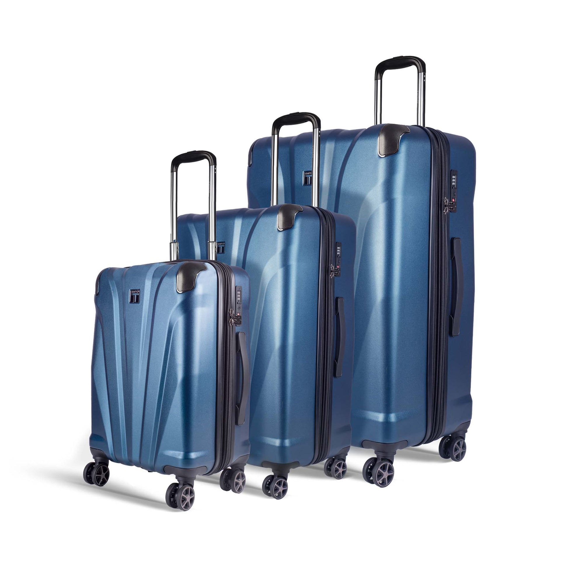 Timus Leolite blue hard shell luggage set of 3 with aluminium push-button trolley handles, 8 spinner wheels, and 360-degree rotation – sizes 58cm, 68cm, and 78cm