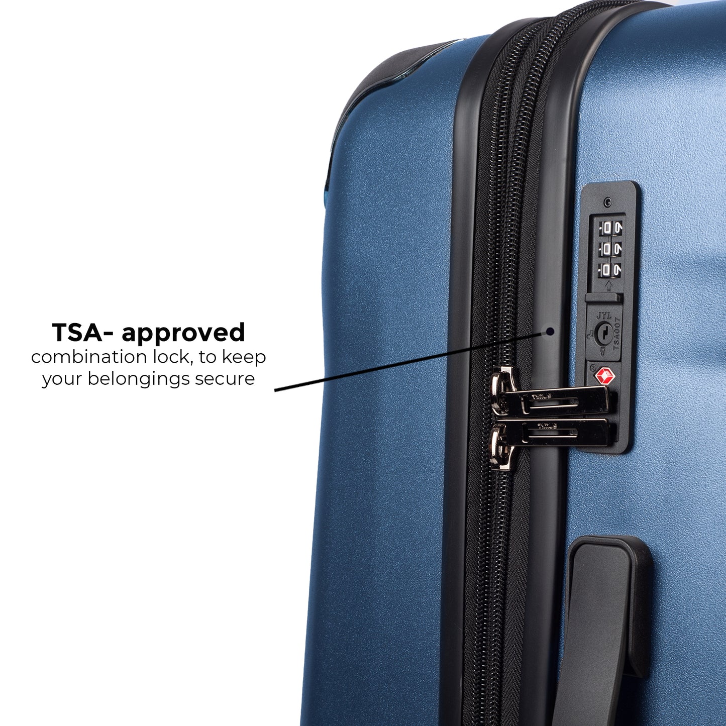 Close-up of TSA-approved combination lock on Timus Leolite blue hard shell luggage for secure international travel.