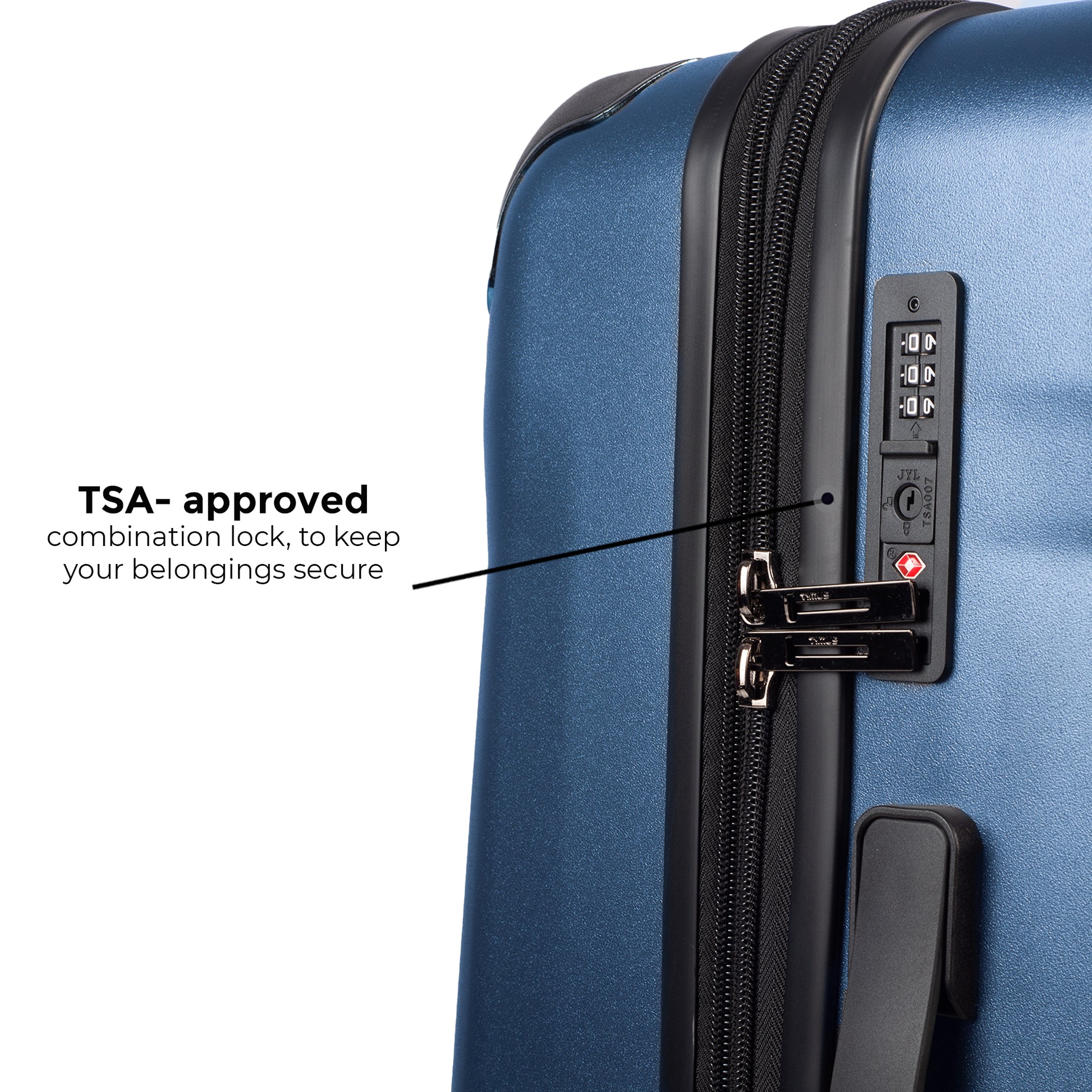Close-up of TSA-approved combination lock on Timus Leolite blue hard shell luggage for secure international travel.