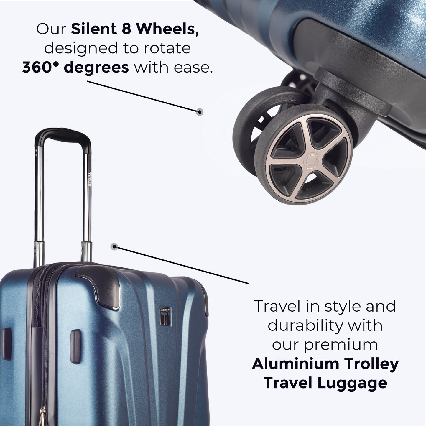 Close-up of Timus Leolite blue trolley luggage featuring 8 silent wheels with 360-degree rotation and aluminium push-button handle.