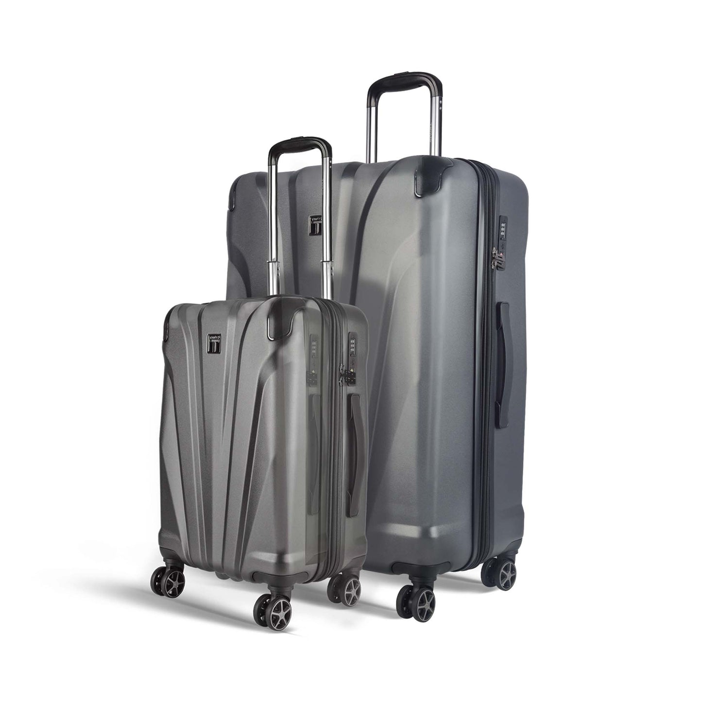 Timus Leolite grey hard shell luggage set with 58cm cabin-size trolley and 78cm large check-in luggage, featuring aluminium push-button handle and 8 spinner wheels with 360° rotation.