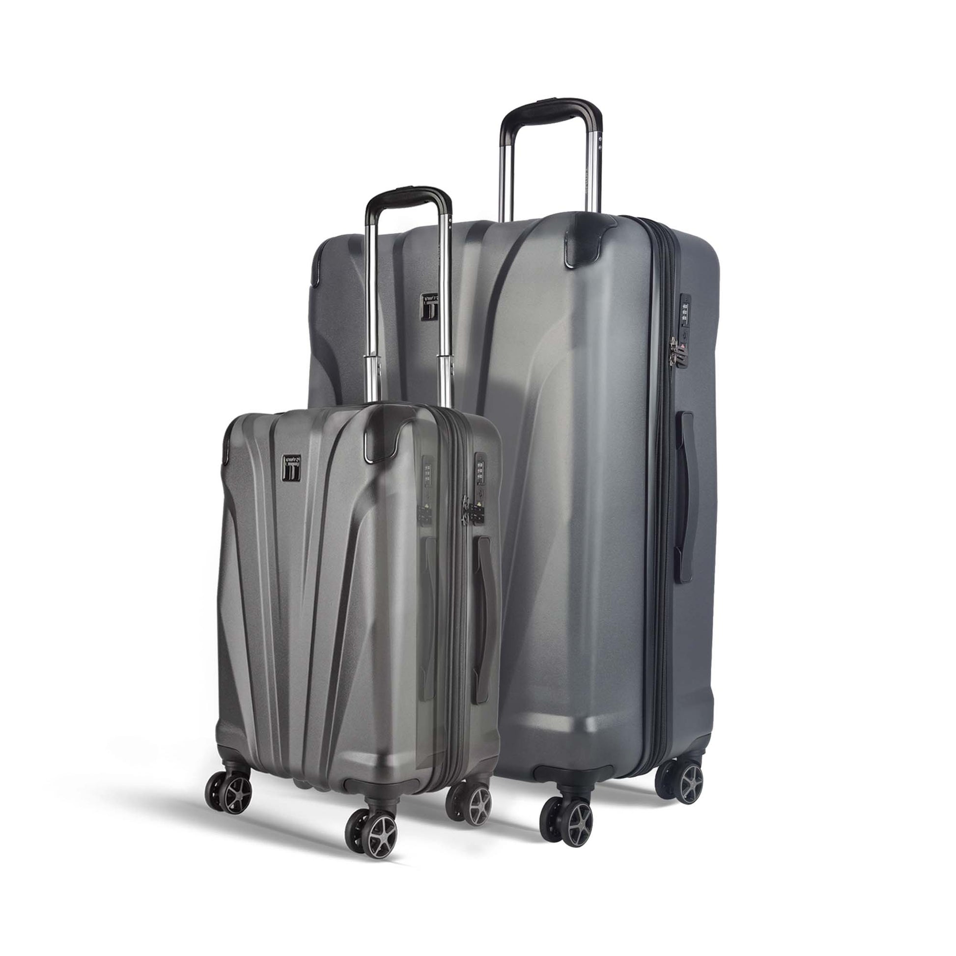 Timus Leolite grey hard shell luggage set with 58cm cabin-size trolley and 78cm large check-in luggage, featuring aluminium push-button handle and 8 spinner wheels with 360° rotation.