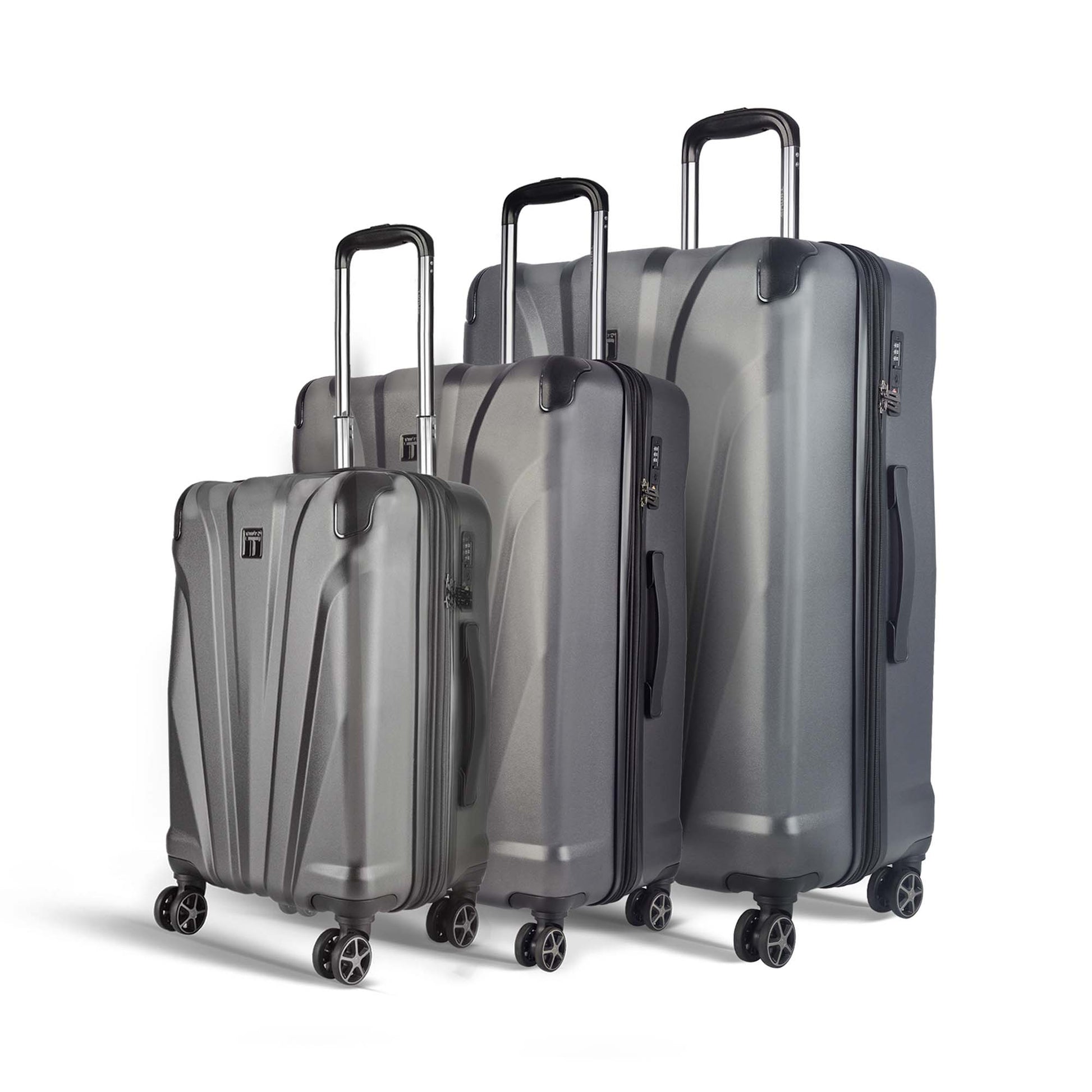 Timus Leolite grey hard shell luggage set of 3 with aluminium push-button trolley handles, 8 spinner wheels, and 360° rotation – sizes 58cm, 68cm, and 78cm