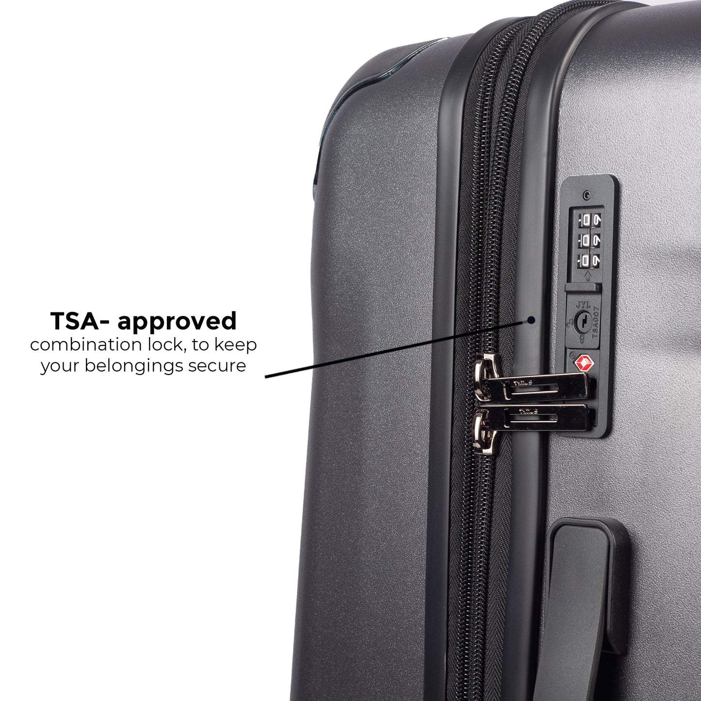 Close-up of TSA-approved combination lock on Timus Leolite grey hard shell luggage for secure international travel.