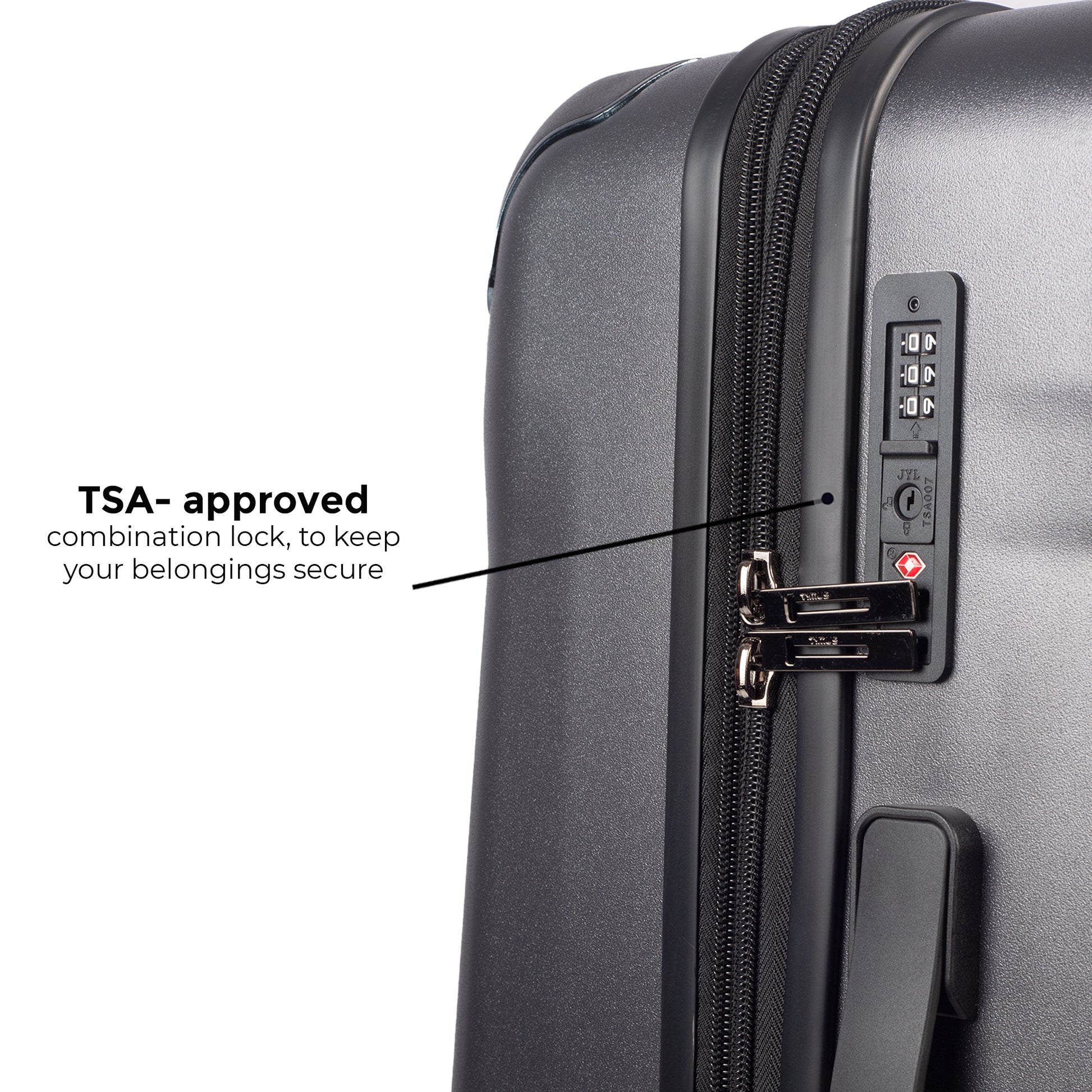 Close-up of TSA-approved combination lock on Timus Leolite grey hard shell luggage for secure international travel.
