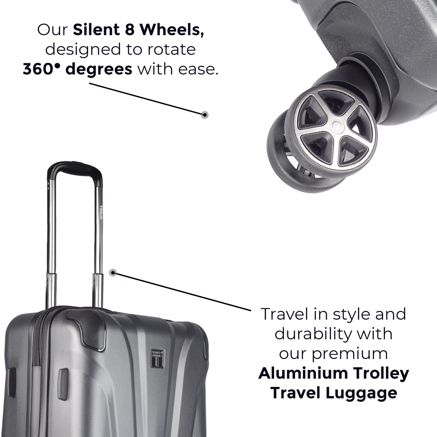 Close-up of Timus Leolite grey trolley luggage featuring 8 silent wheels with 360-degree rotation and aluminium push-button handle.