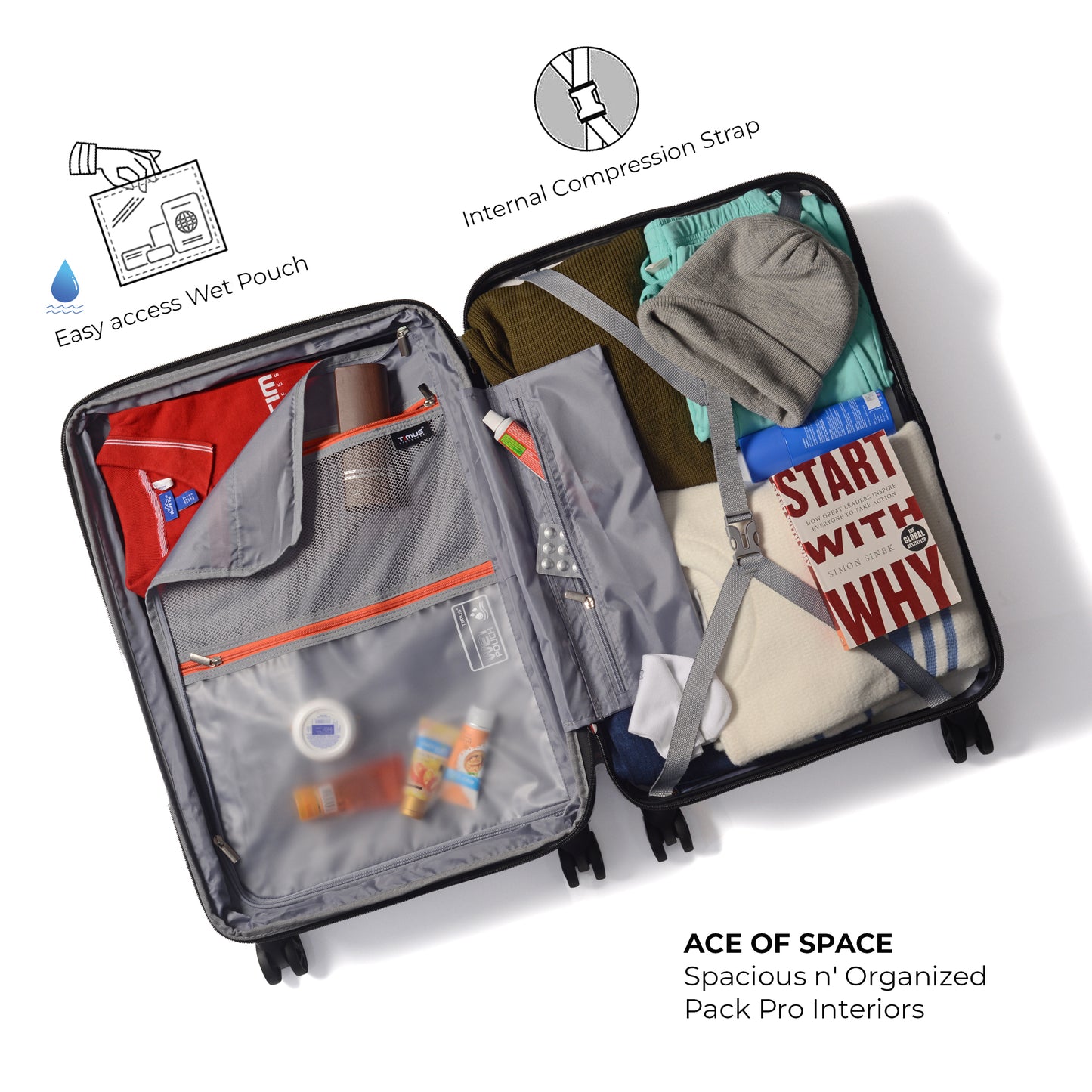 Interior of Timus Leolite red hard trolley luggage showing organized compartments, internal compression straps, and easy-access wet pouch.