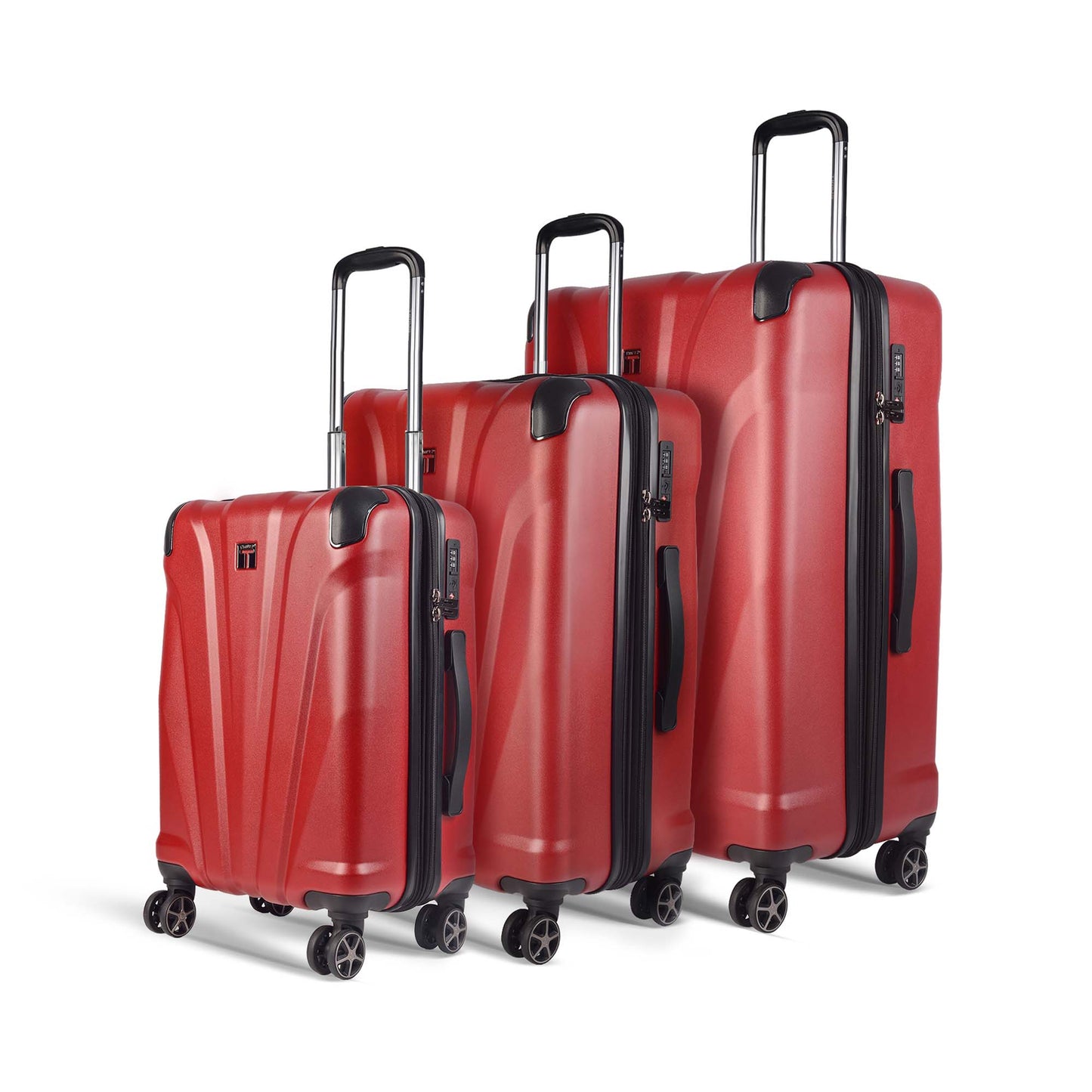 Timus Leolite red hard shell luggage set of 3 with aluminium push-button trolley handles, 8 spinner wheels, and 360° rotation. – sizes 58cm, 68cm, and 78cm.