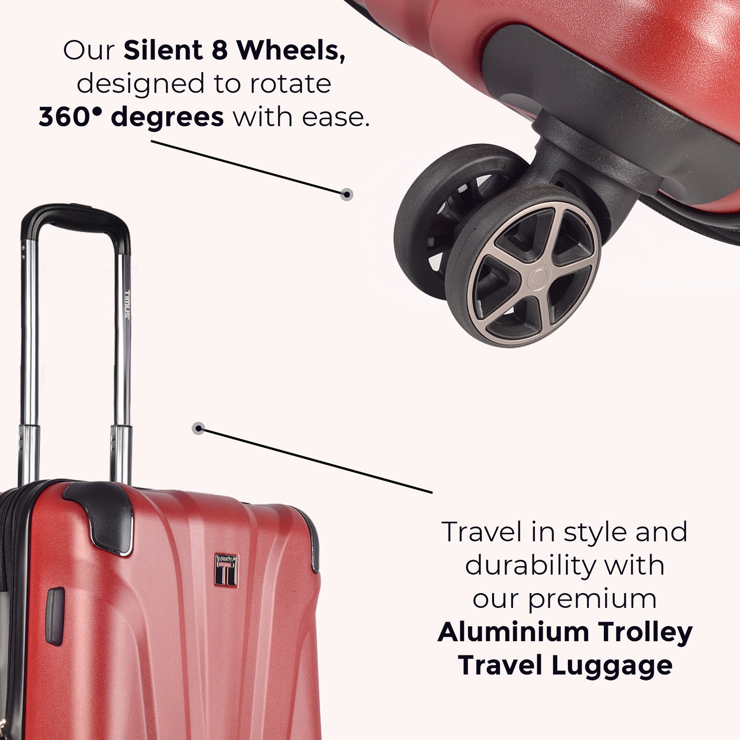Close-up of Timus Leolite red trolley luggage featuring 8 silent wheels with 360-degree rotation and aluminium push-button trolley handle.