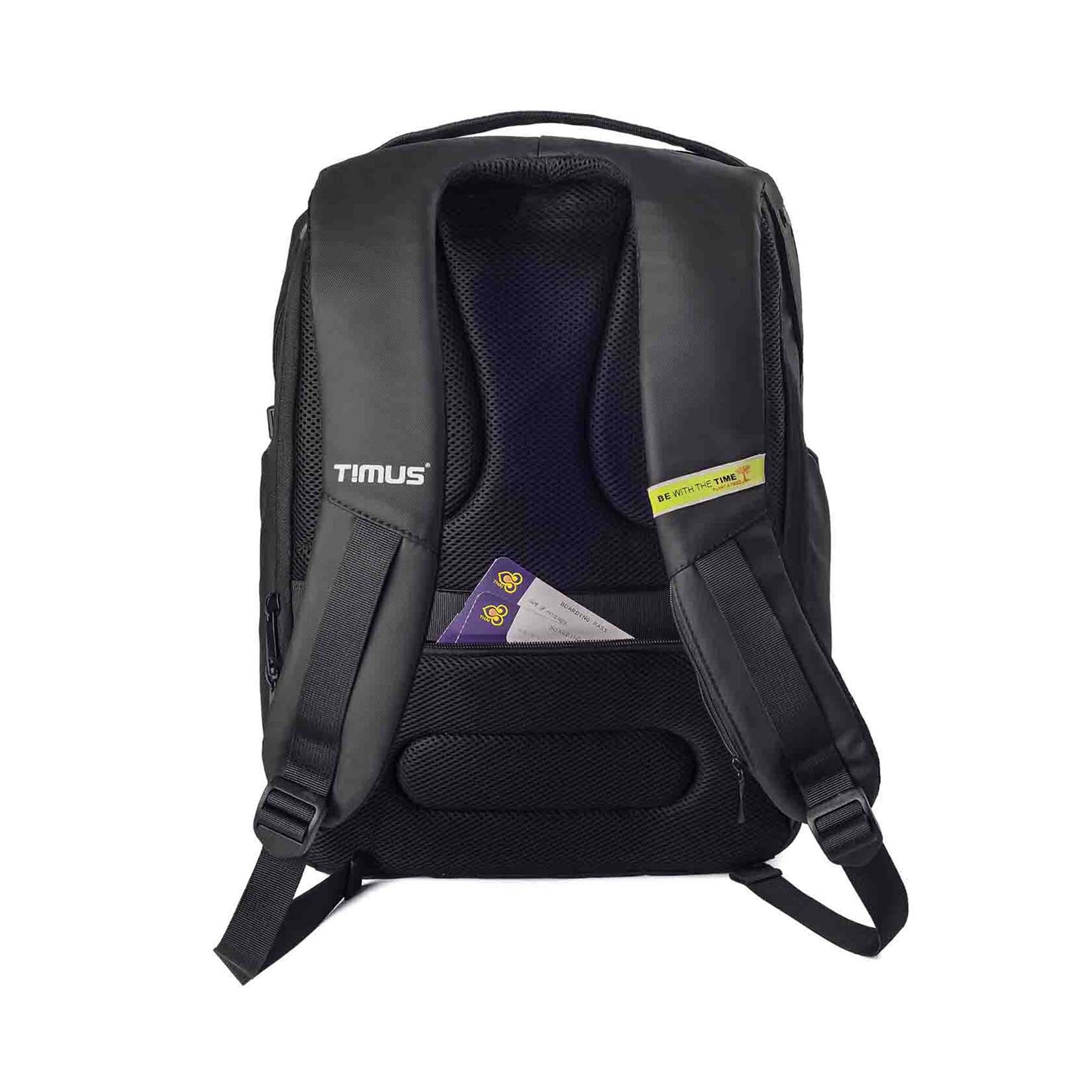 Back view of the black Madrid Laptop Backpack by Timus, showing padded shoulder straps, a hidden zippered pocket with travel documents, and breathable back padding for comfort.