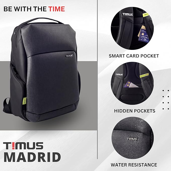 Promotional image of the Timus Madrid Backpack highlighting its features—smart card pocket, hidden pockets, and water resistance—alongside the backpack’s sleek design and the tagline "BE WITH THE TIME."